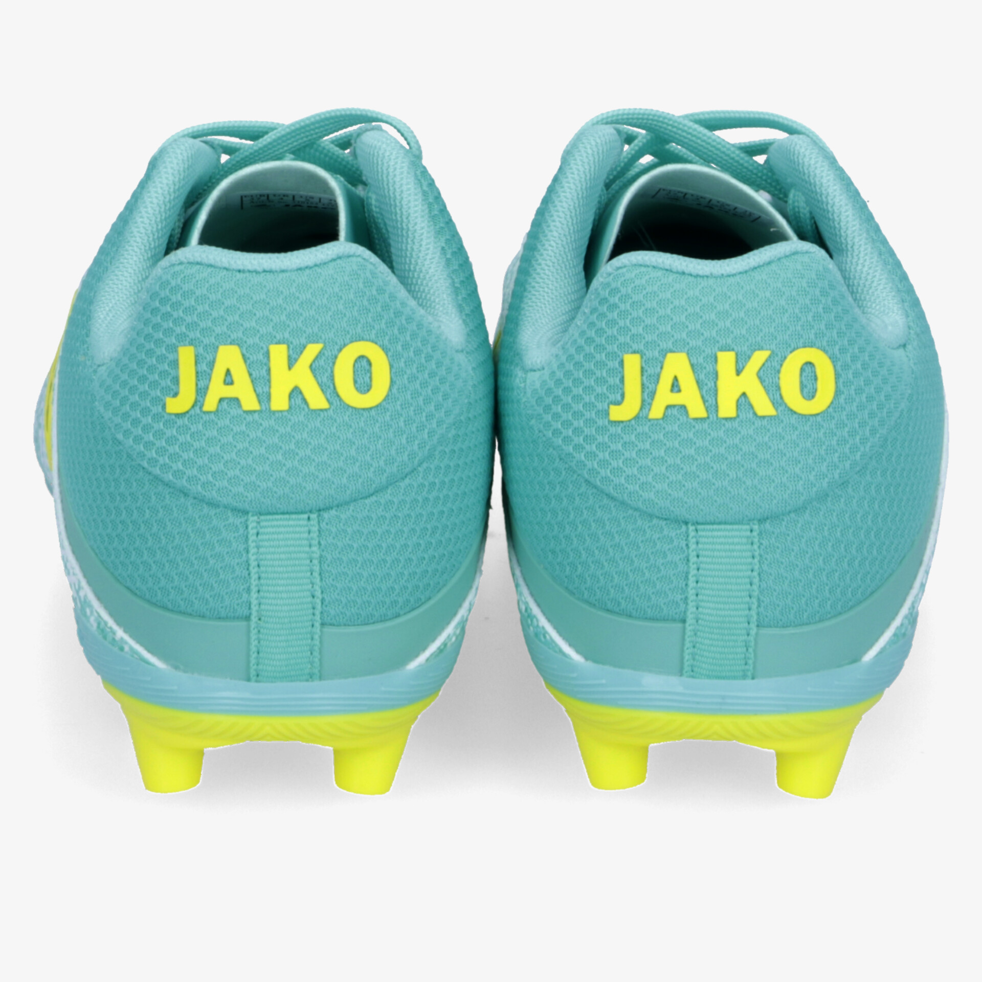Rückansicht von stabilen türkis-gelben Fußballschuhen mit klar sichtbarem JAKO-Logo und robuster Sohle