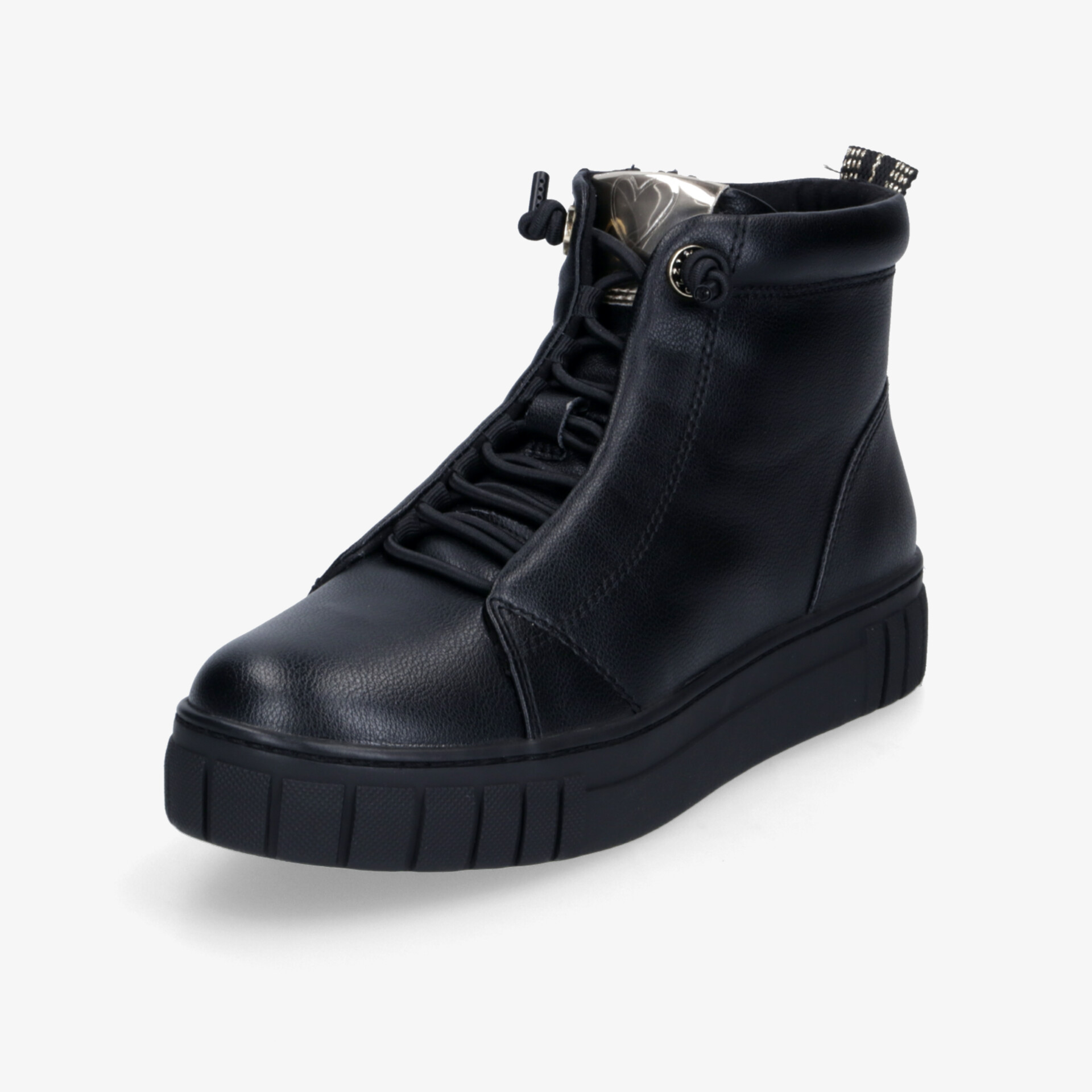 Schwarzer Sneaker-Ankle-Boot mit robustem Design, komfortabler Passform und rutschfester Sohle in schräger Vorderansicht