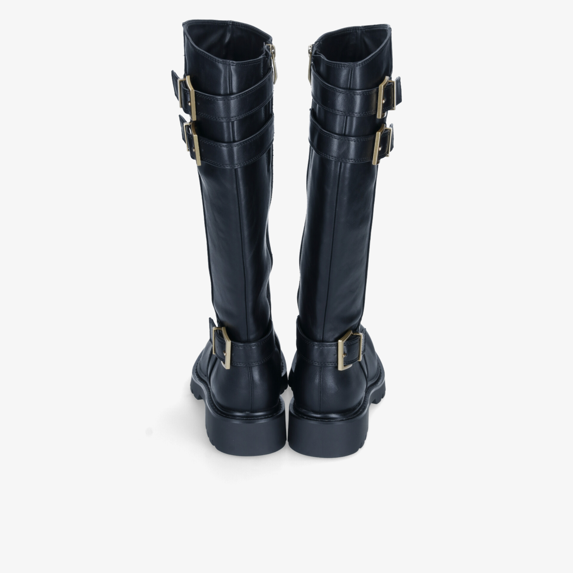 Elegante Stiefel mit hohem Schaft und verstellbaren Schnallen in dunklem Blau, robuste Sohle sichtbar