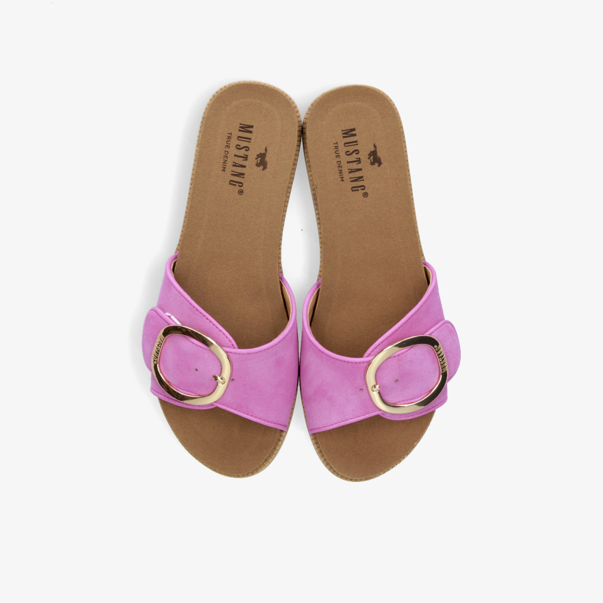 Rosa Slide Sandalen mit großer goldener Metallschnalle, bequeme flache Sohle und offene Zehen