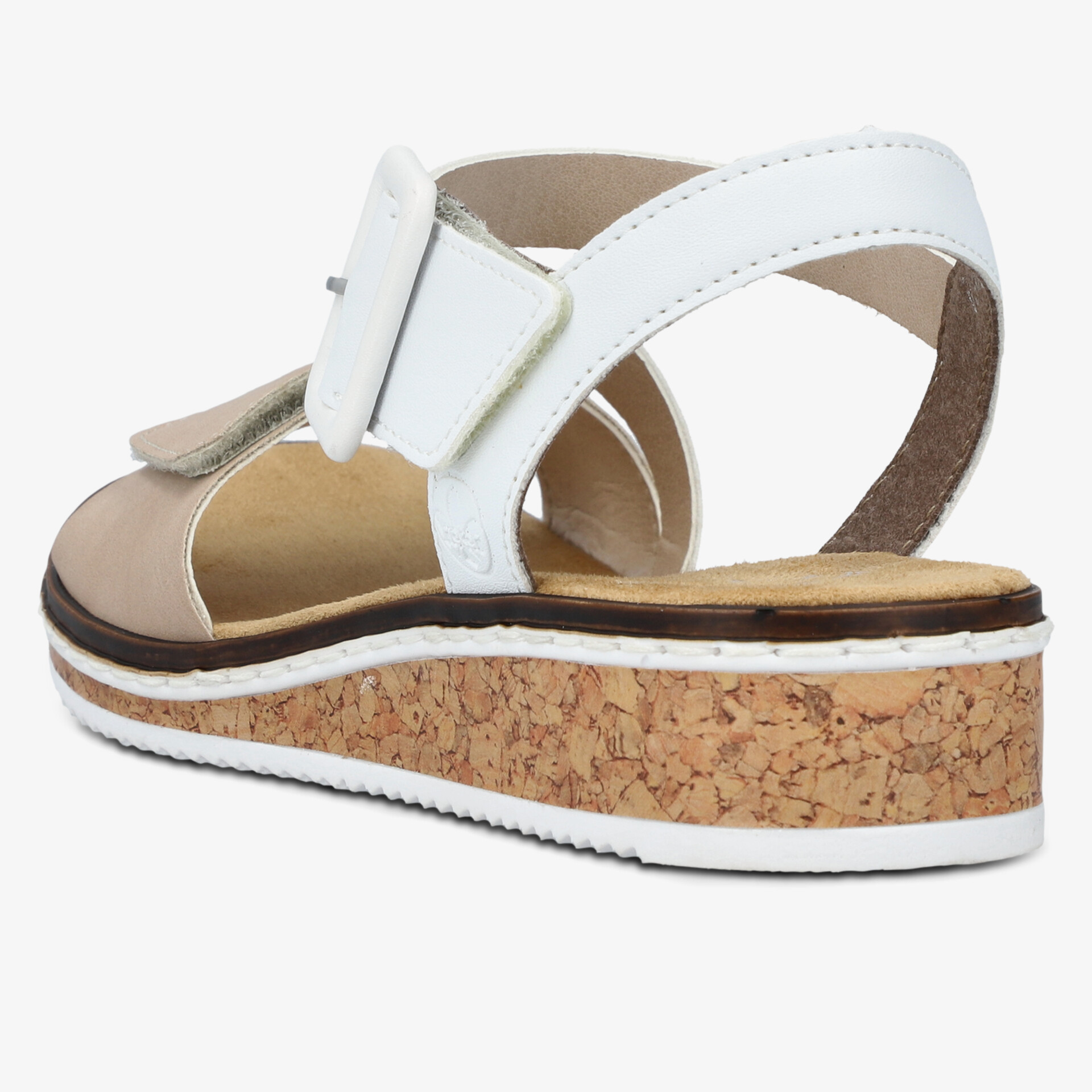 Bequeme Sandale mit verstellbarem Klettverschluss und Kork-Optik Plateau, seitliche Ansicht