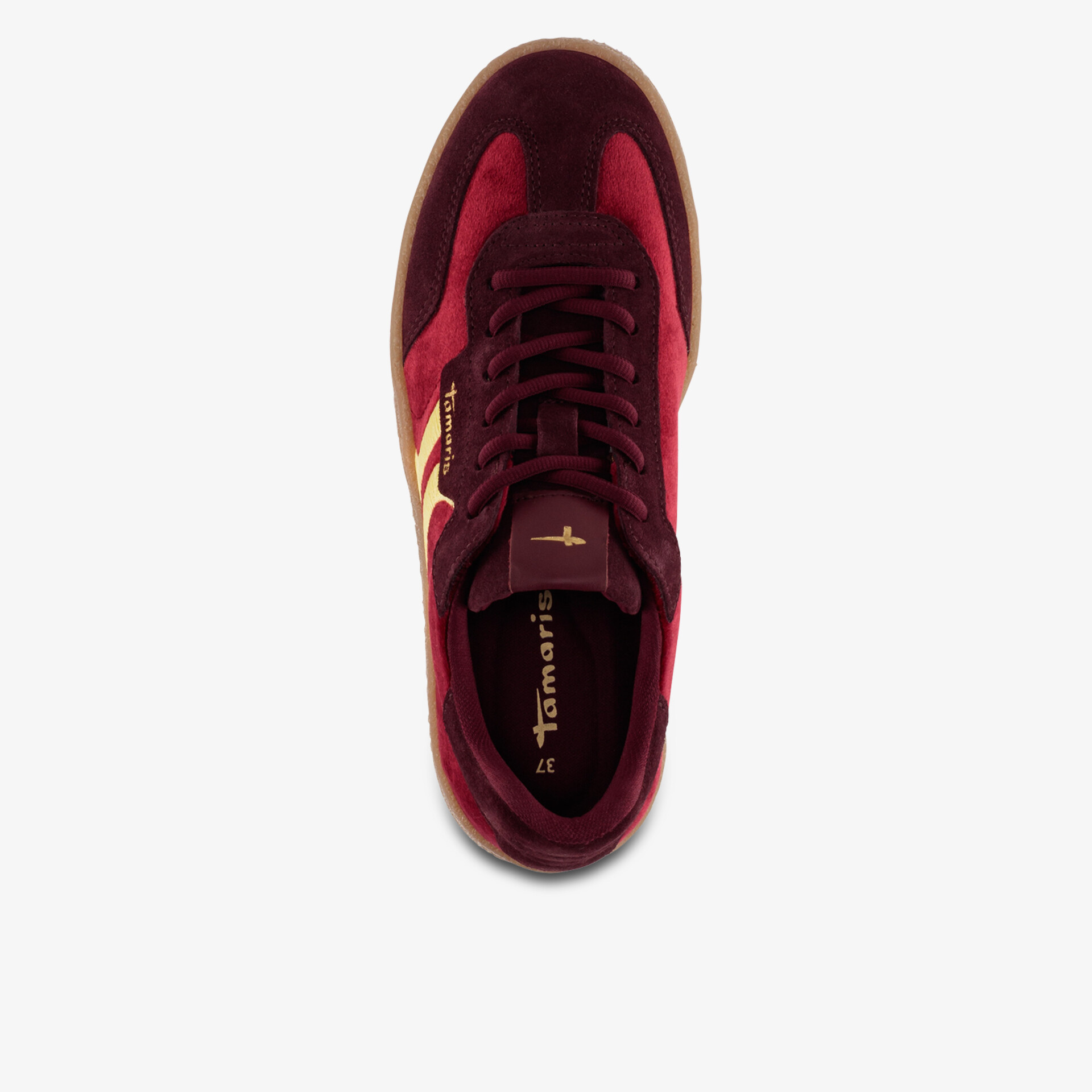 Bordeaux roter sportlicher Schuh mit modischem Design und bequemer Passform von oben sichtbar
