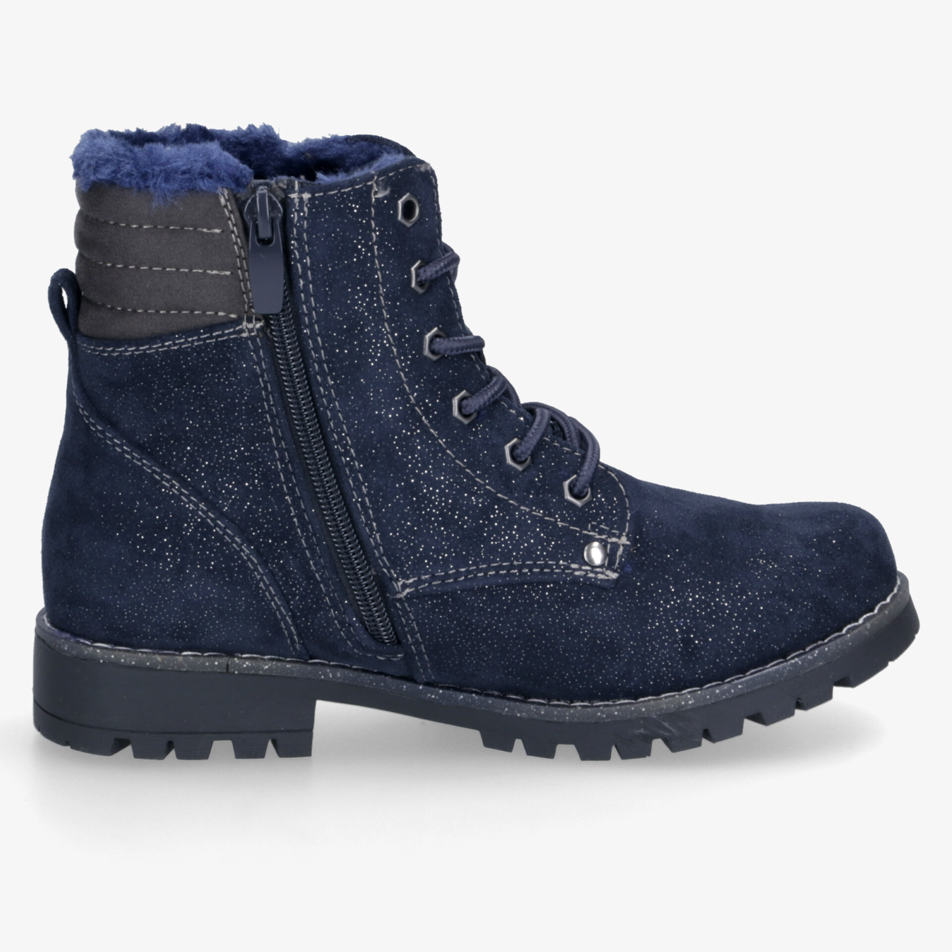 Warmer blauer Winterstiefel mit seitlichem Reißverschluss und robuster Schnürung, rutschfeste Profilsohle