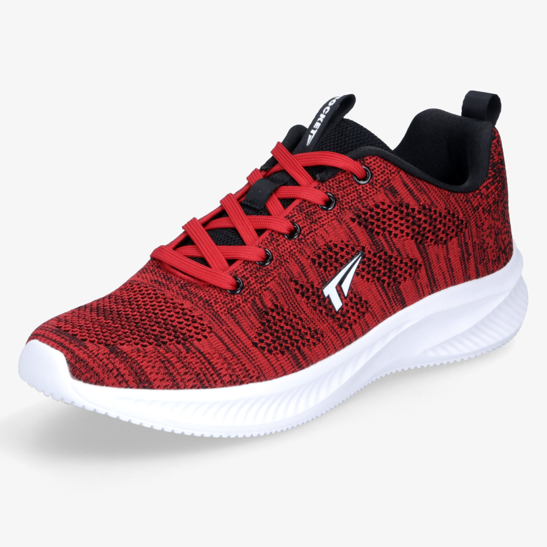 Roter leichter Sportschuh mit atmungsaktivem Material, bequemer Passform und rutschfester weißer Sohle in schräger Frontansicht