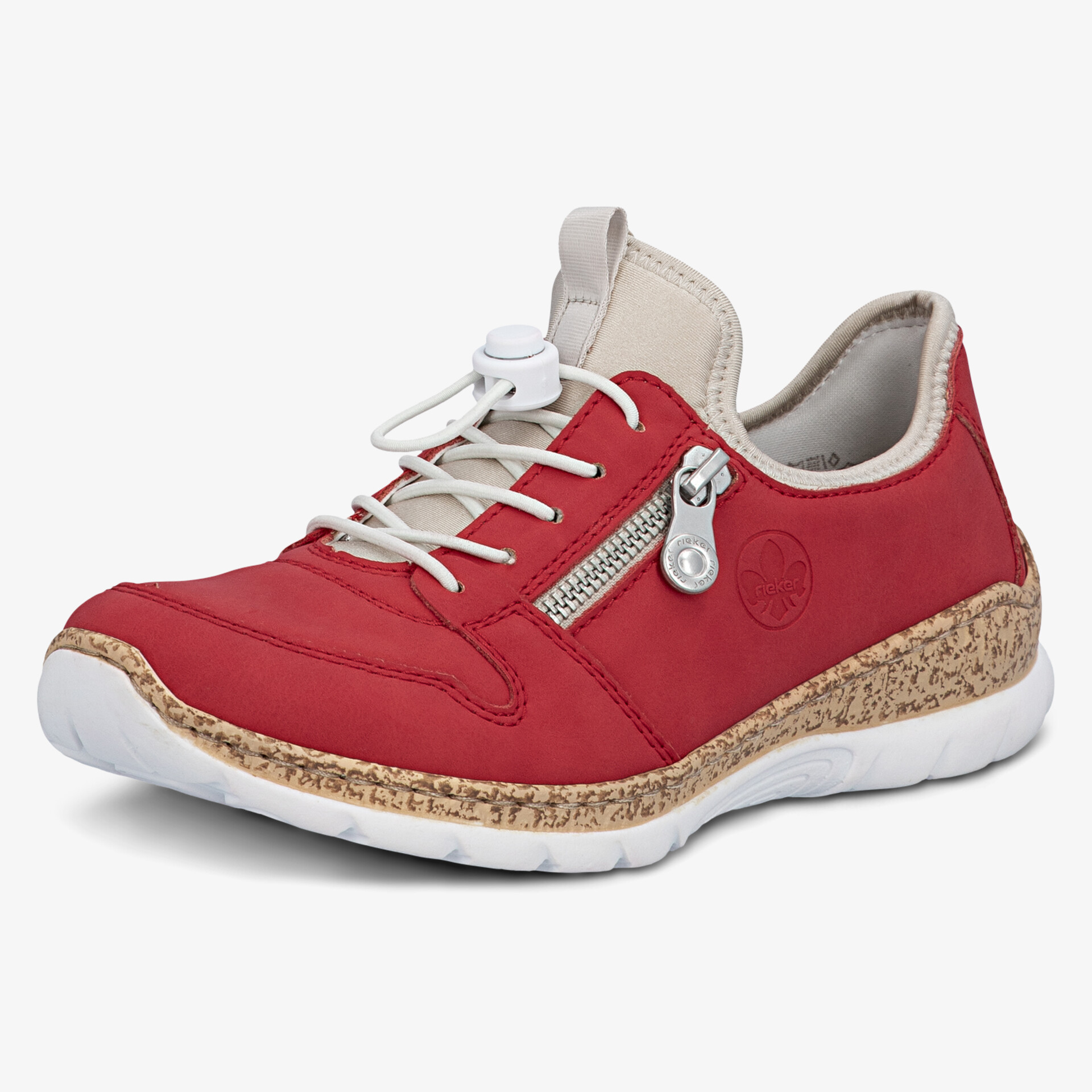 Modischer roter Sneaker mit bequemem Fußbett und praktischem Zipper, ideal für Freizeitaktivitäten.