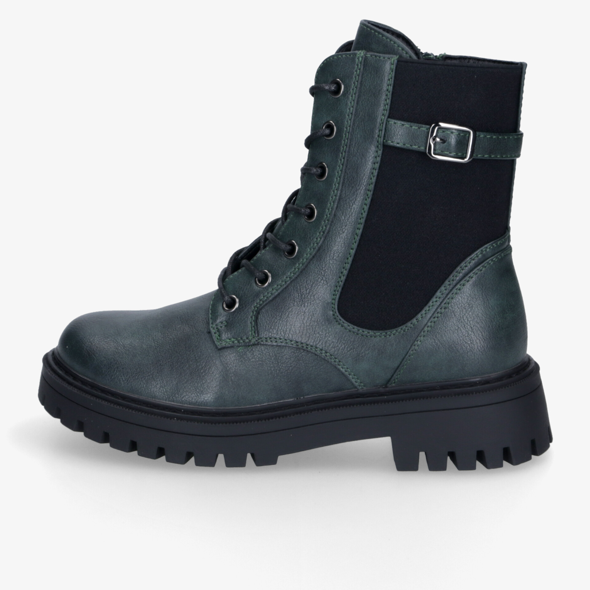 Robuster schwarzer Bikerboot mit Schnürsenkeln, dämpfender Sohle und schickem Schnallenverschluss, seitliche Ansicht