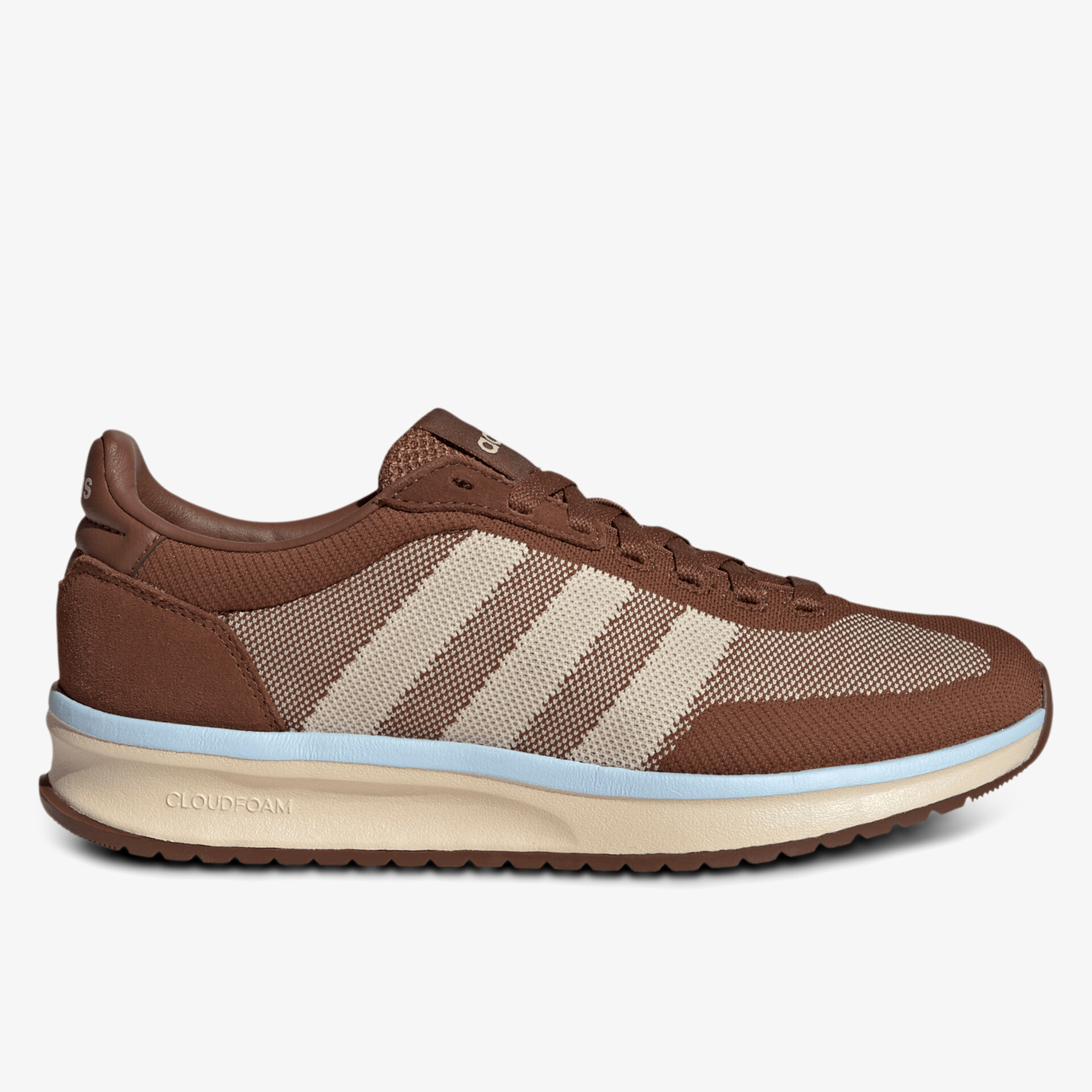 Moderner brauner Sneaker mit weißen Streifen, leichter und bequemer Sportschuh für den Alltag