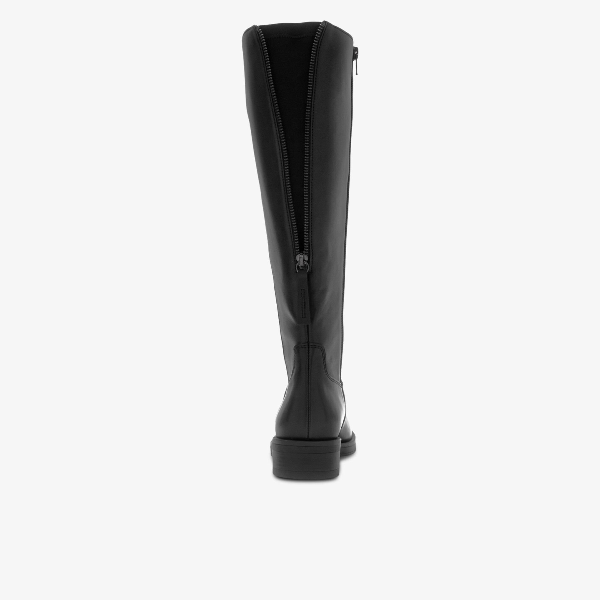 Hoher schwarzer Stiefel aus glattem Leder mit mittigem Reißverschluss hinten, eleganter minimalistischer Stil