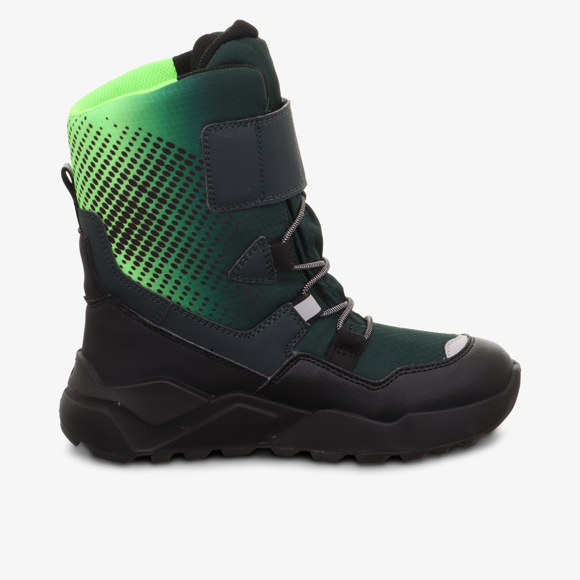 Seitliche Ansicht eines knöchelhohen Outdoor-Stiefels mit wasserfestem Material und robuster Sohle