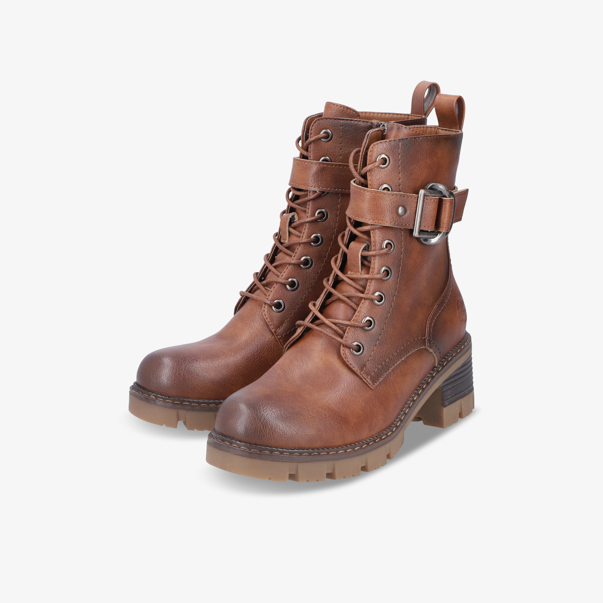 Robuste braune Biker-Stiefel mit Schnürung und verstellbarem Riemen, profilierte Sohle für guten Grip