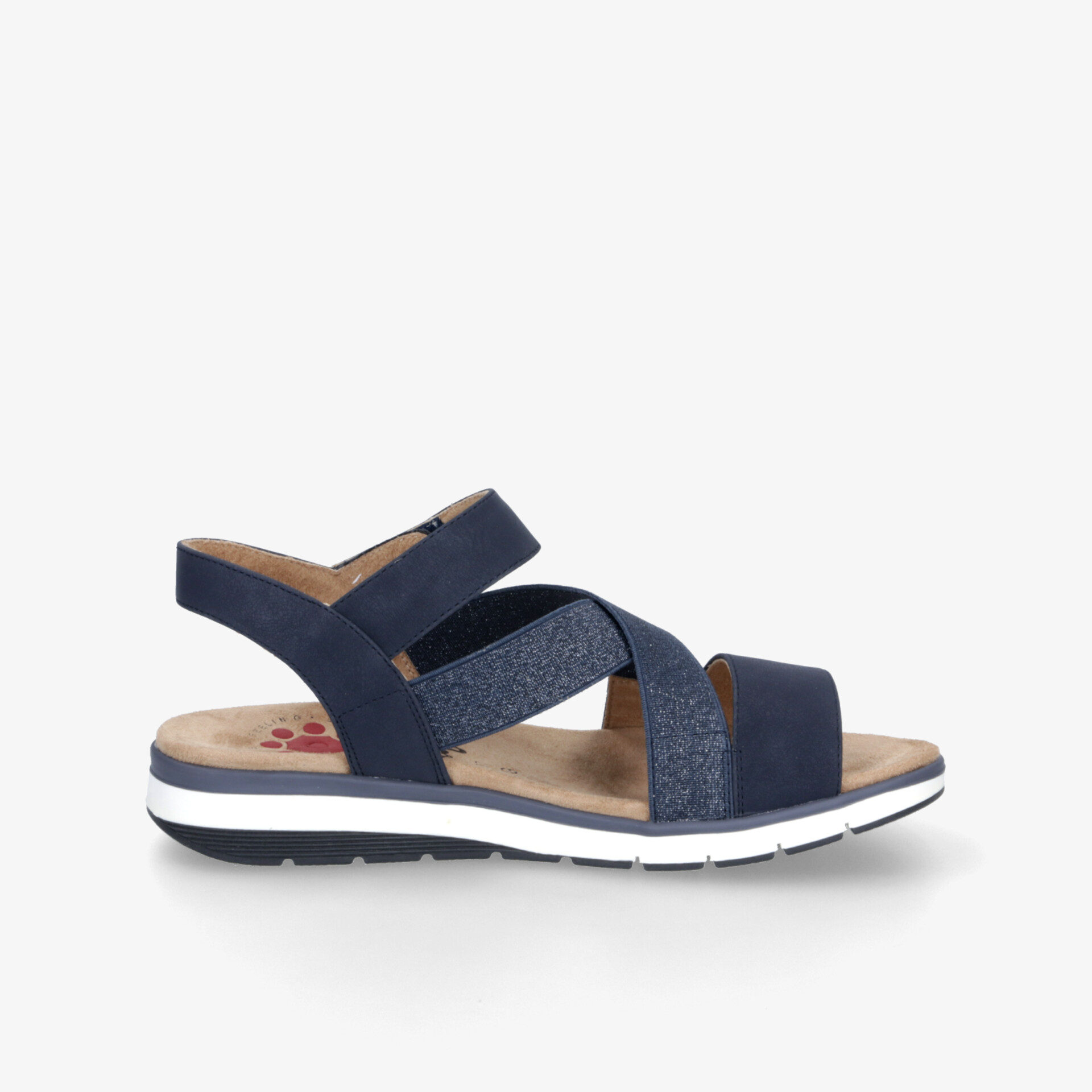Sandalette mit verstellbarem Klettverschluss, gepolstertem Fußbett und rutschfester Sohle in seitlicher Ansicht.