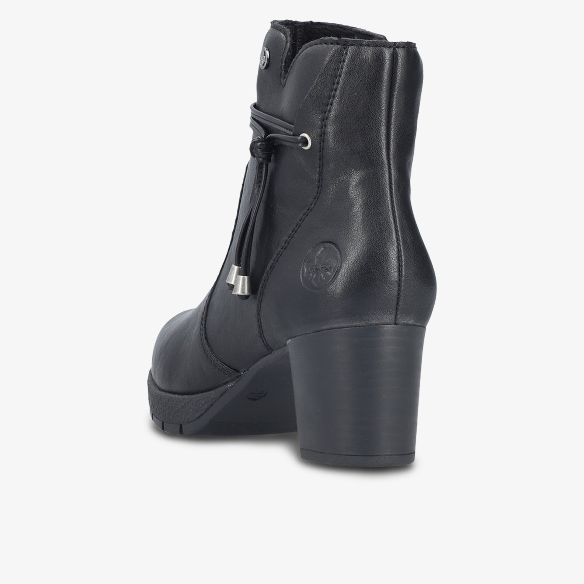Modische schwarze Leder-Stiefelette mit bequemem Blockabsatz und dekorativer Schnürung