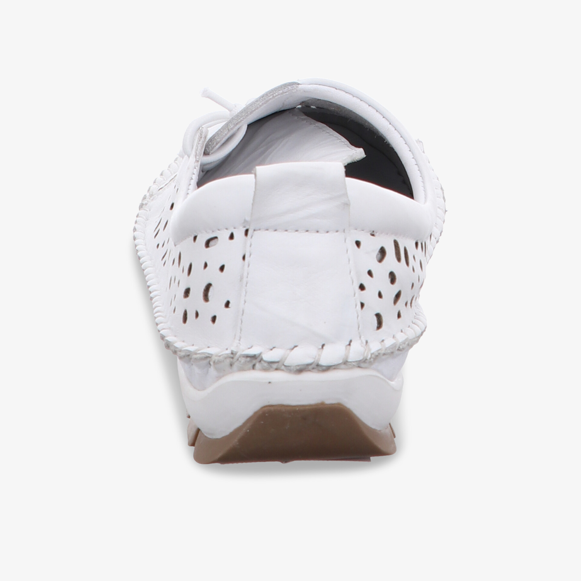 Weißer Schuh mit perforiertem Obermaterial und flexibler, rutschfester Sohle in Rückansicht