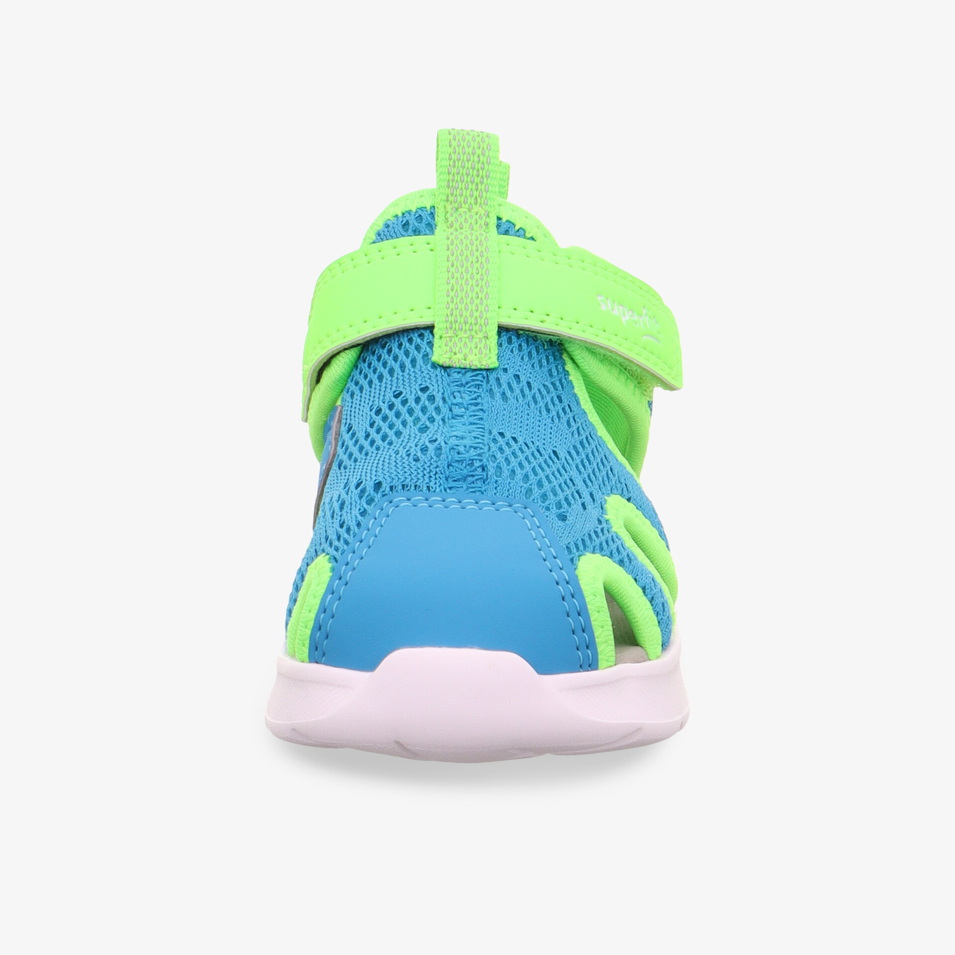 Sportlicher, atmungsaktiver Schuh in Blau und Grün mit flexiblem Material und verstellbarem Klettverschluss, vorne Ansicht