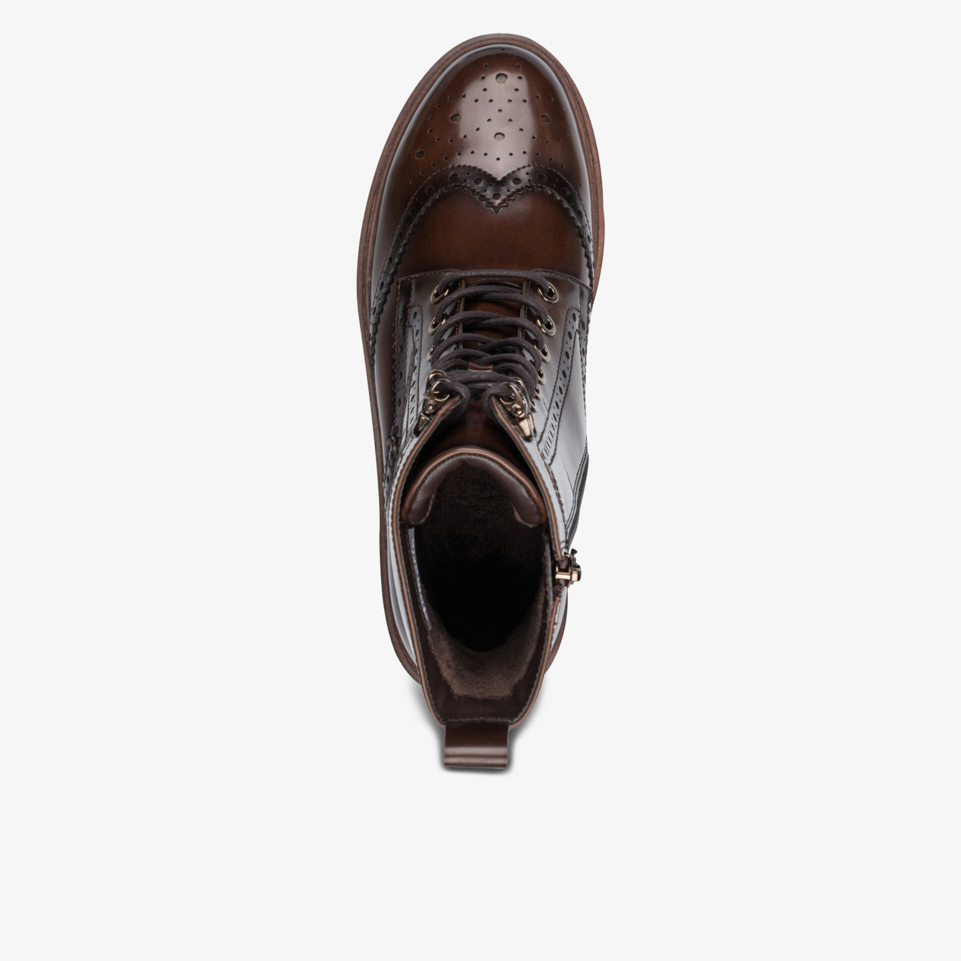 Brauner Lederstiefel mit Schnürung, eleganter Schuh, modisch und hochwertig verarbeitet, Draufsicht