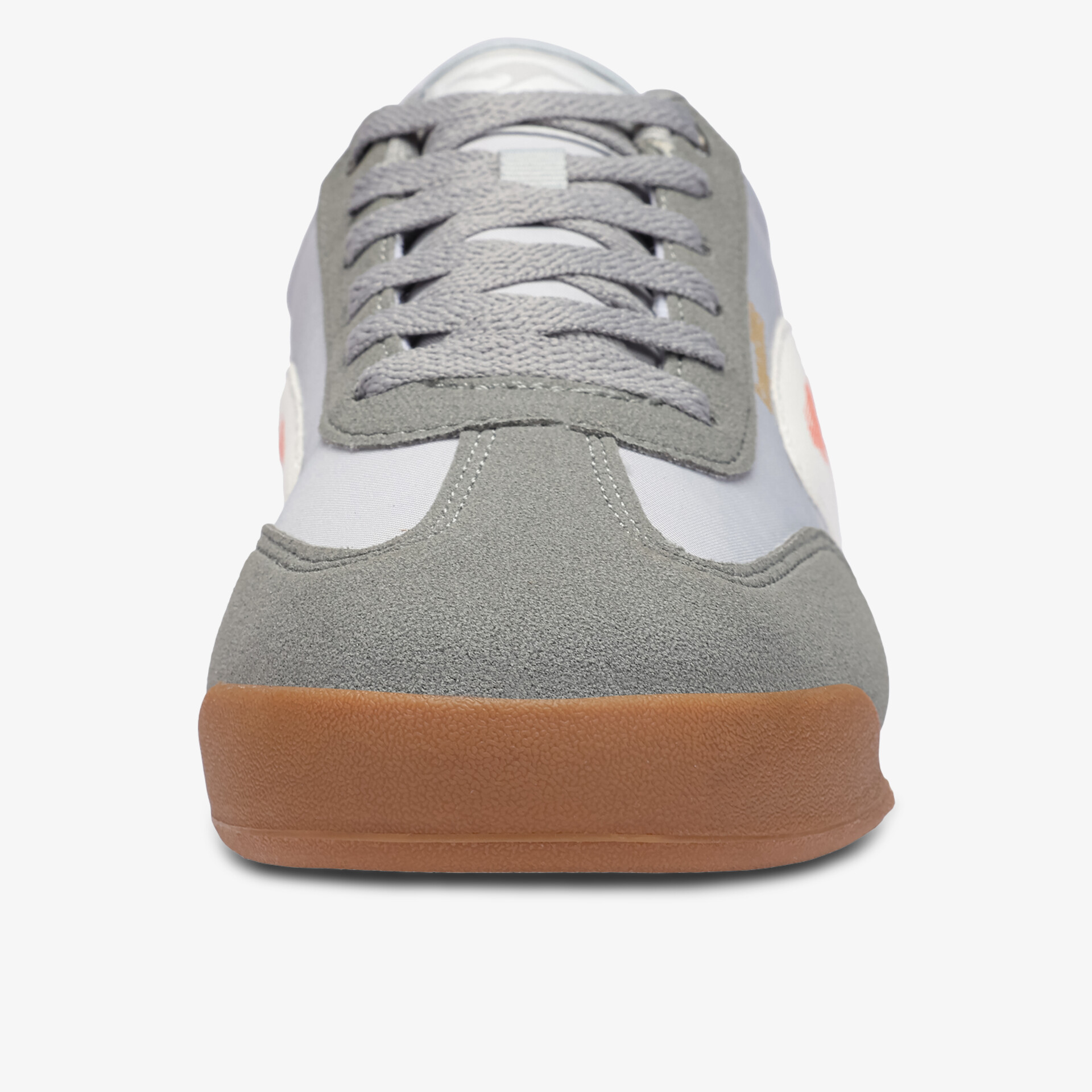 Sportlicher Schuh mit grauem Obermaterial und brauner rutschfester Sohle in Frontansicht