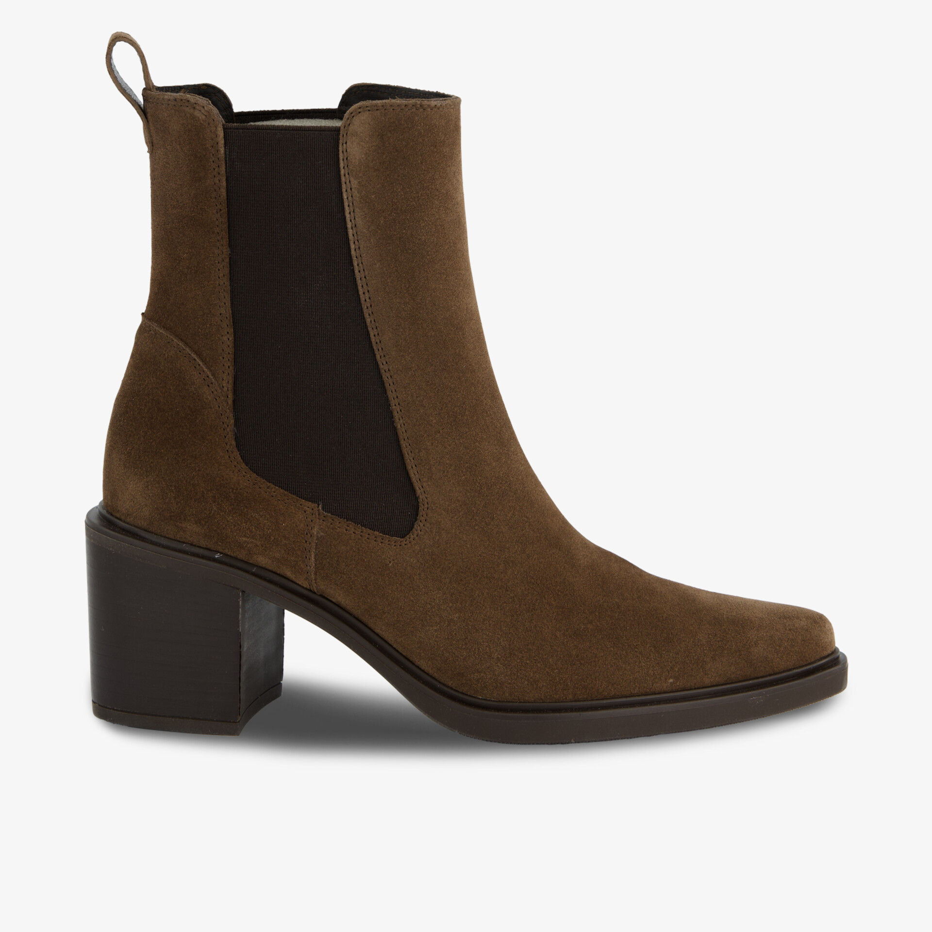 Braune Veloursleder-Stiefelette mit Blockabsatz und elastischen Einsätzen für eleganten und bequemen Tragekomfort