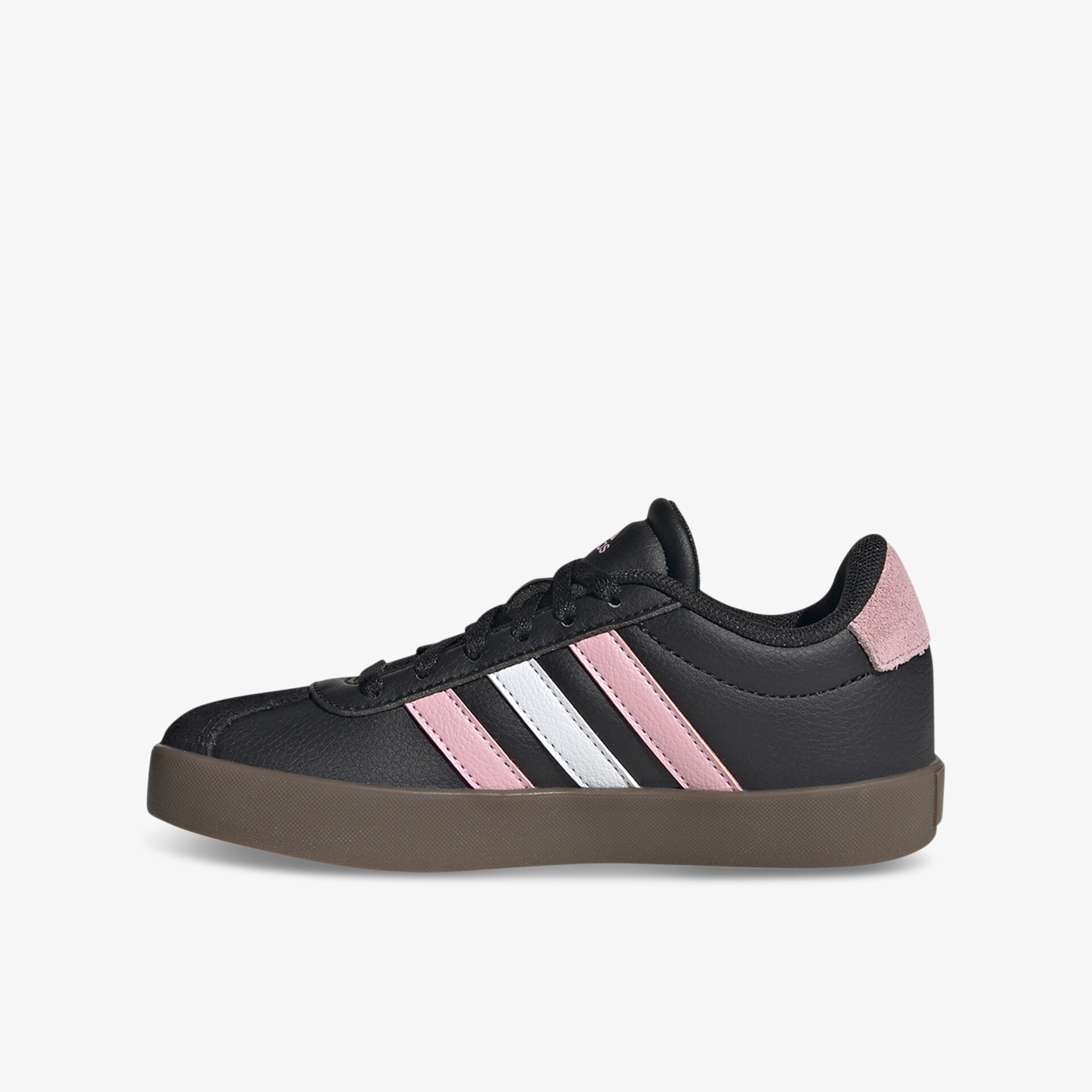 Schwarzer Sneaker mit rosa und weißen Streifen, seitlich, sportlich und bequem für vielseitige Nutzung