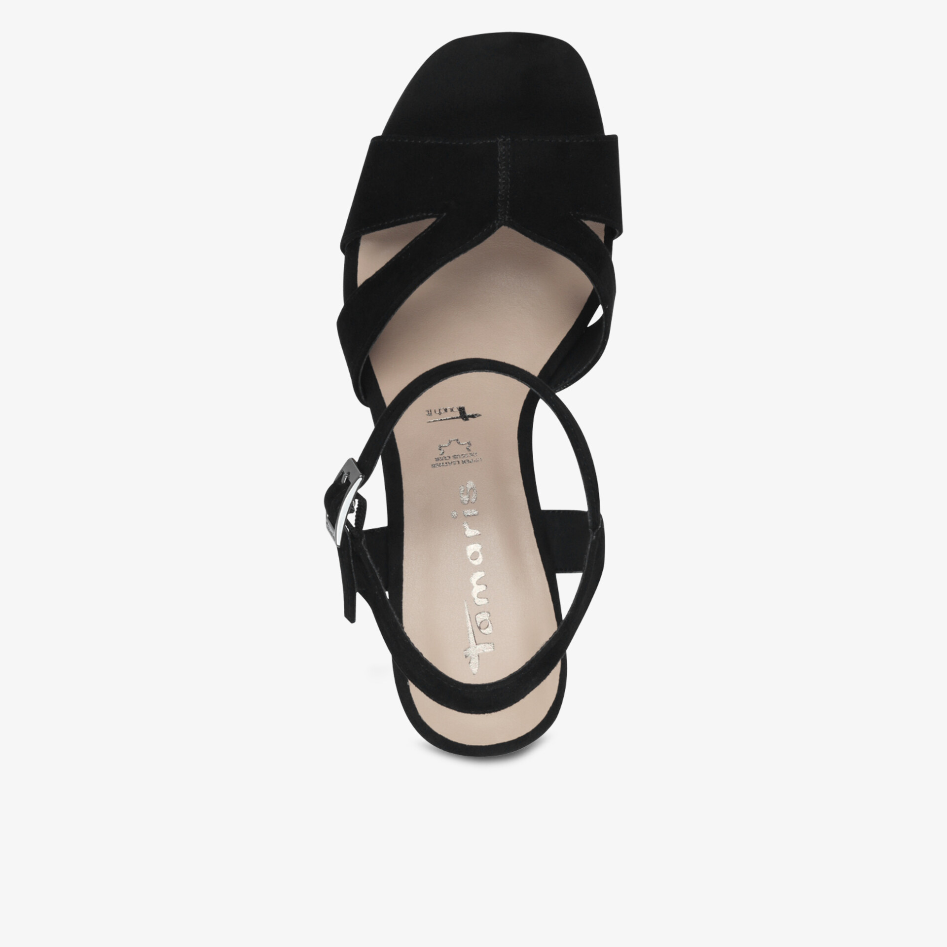 Obere Draufsicht auf eleganten schwarzen Sandalen mit verstellbarem Fersenriemen und offenem Zehendesign