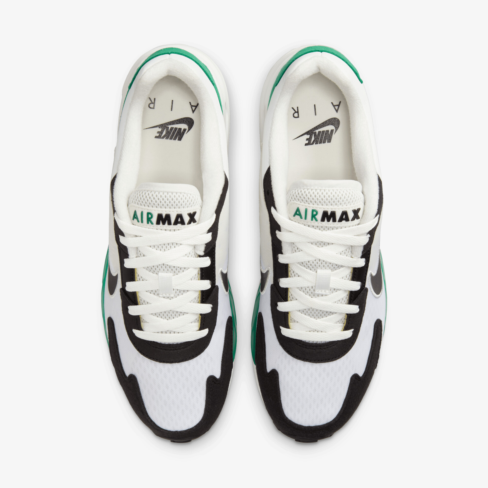 Weiß-schwarzes Nike Air Max Paar mit grünem Akzent, leichter atmungsaktiver Stoff und gepolsterte Innensohle