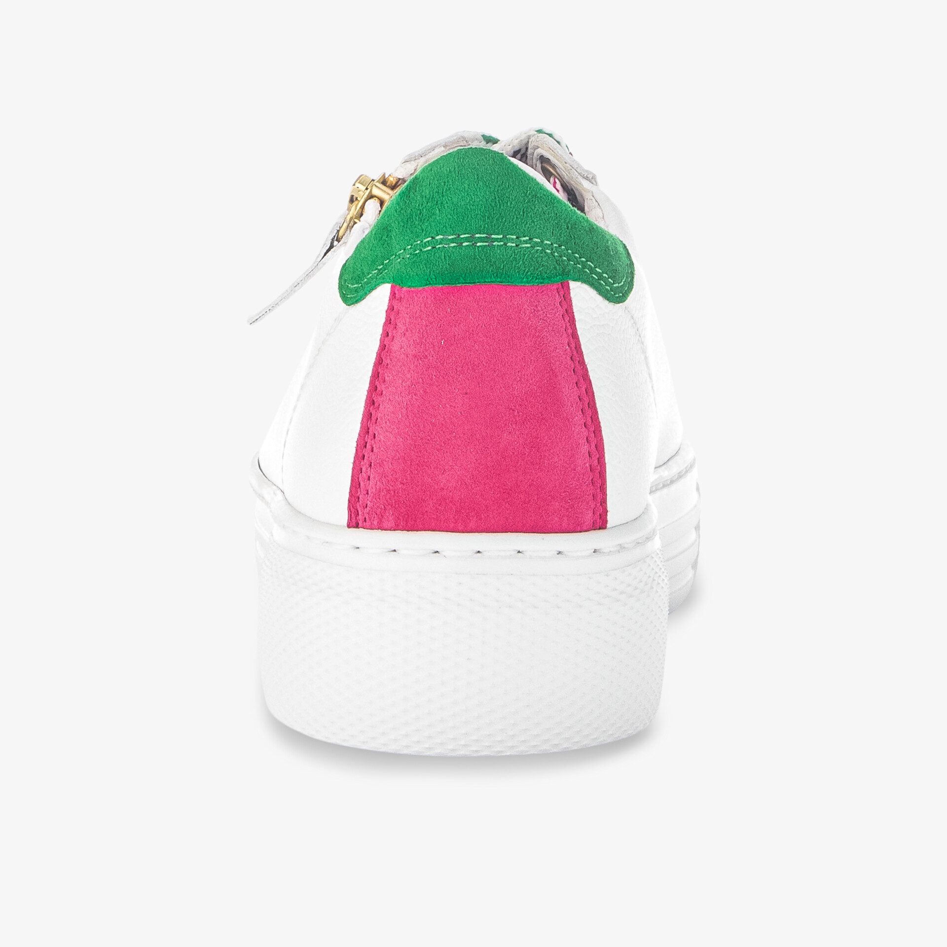 Moderne weiße Sneaker mit farbenfrohen pinken und grünen Akzenten sowie praktischem Zipper