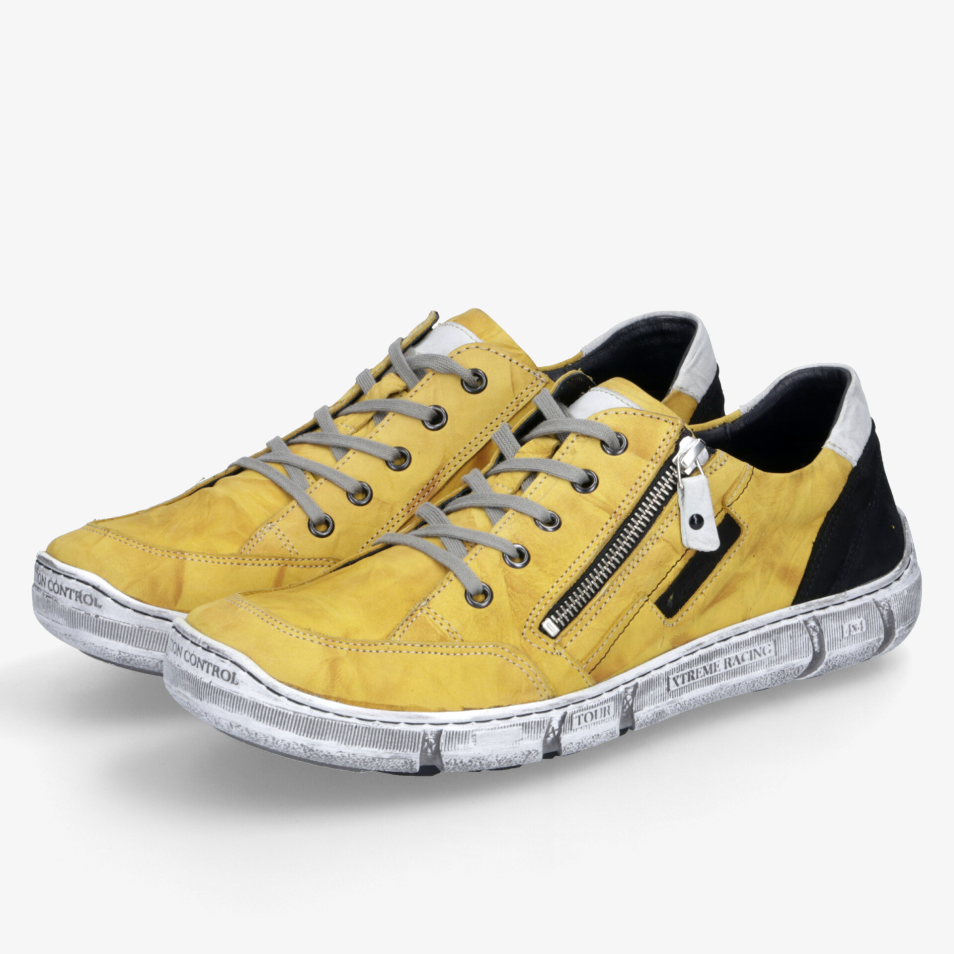 Gelb-schwarze Freizeitschuhe mit Reißverschluss und Schnürsenkeln, flexible und robuste Sohle