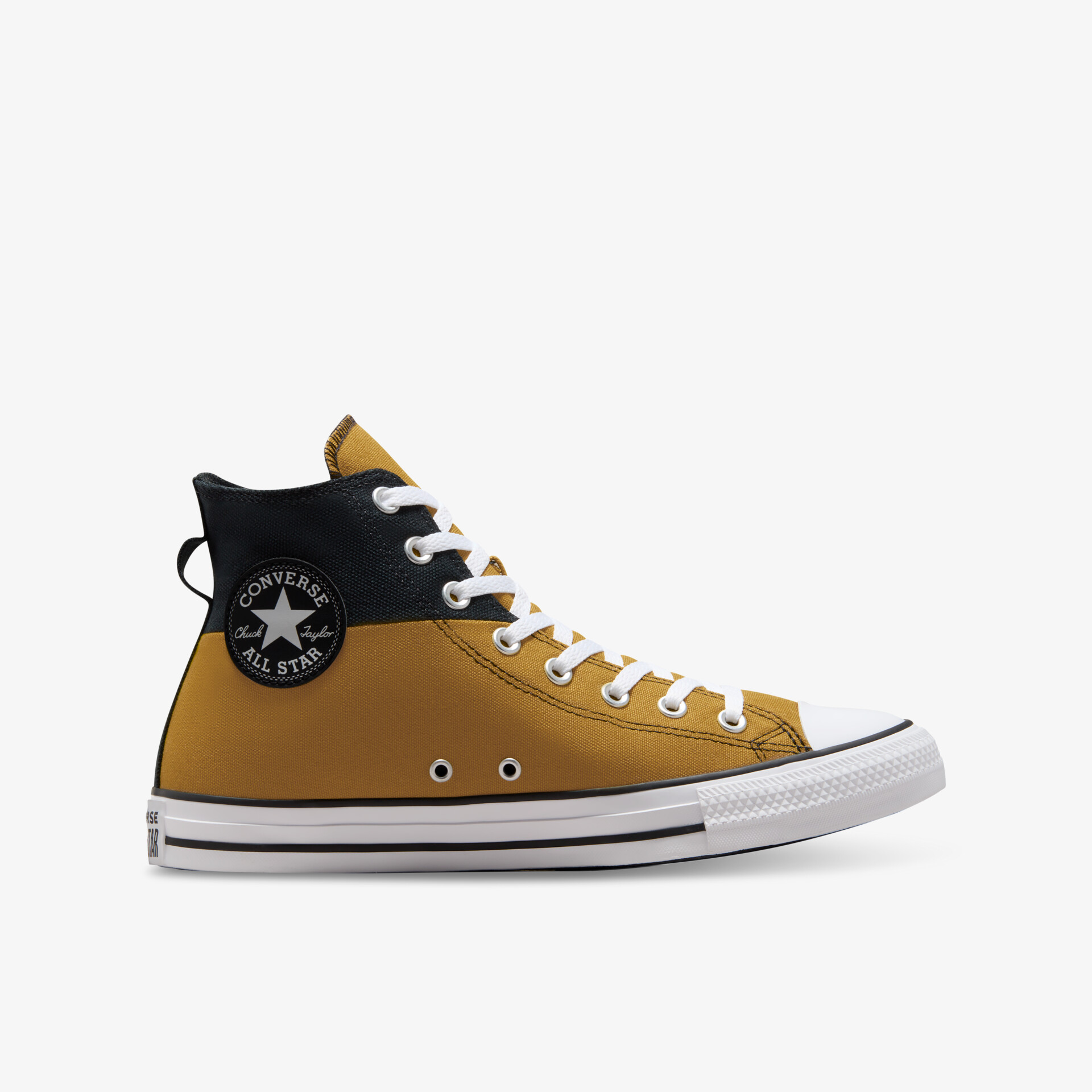 Hoher gelber Sneaker mit weißer Sohle und Schnürsenkeln, klare seitliche Ansicht, moderner und sportlicher Stil