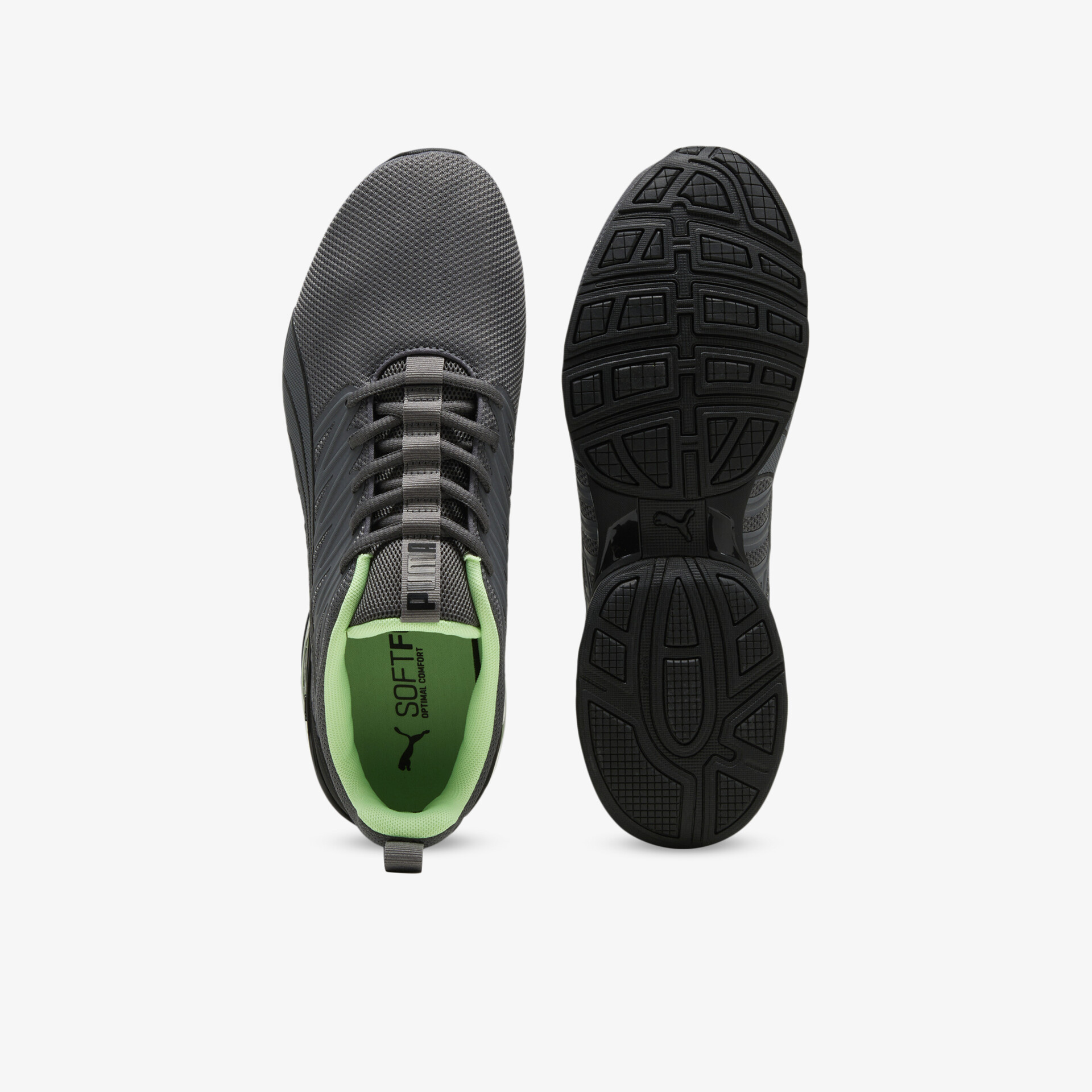 Moderner Sportschuh mit atmungsaktivem Material und rutschfester, flexibler Sohle, Ansicht oben und Sohle