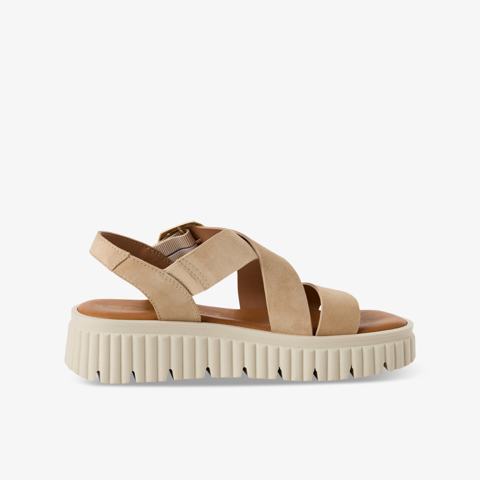 Beige Sandale mit weicher Polsterung und flexibler Sohle, komfortabel und modisch in klarer Seitenansicht