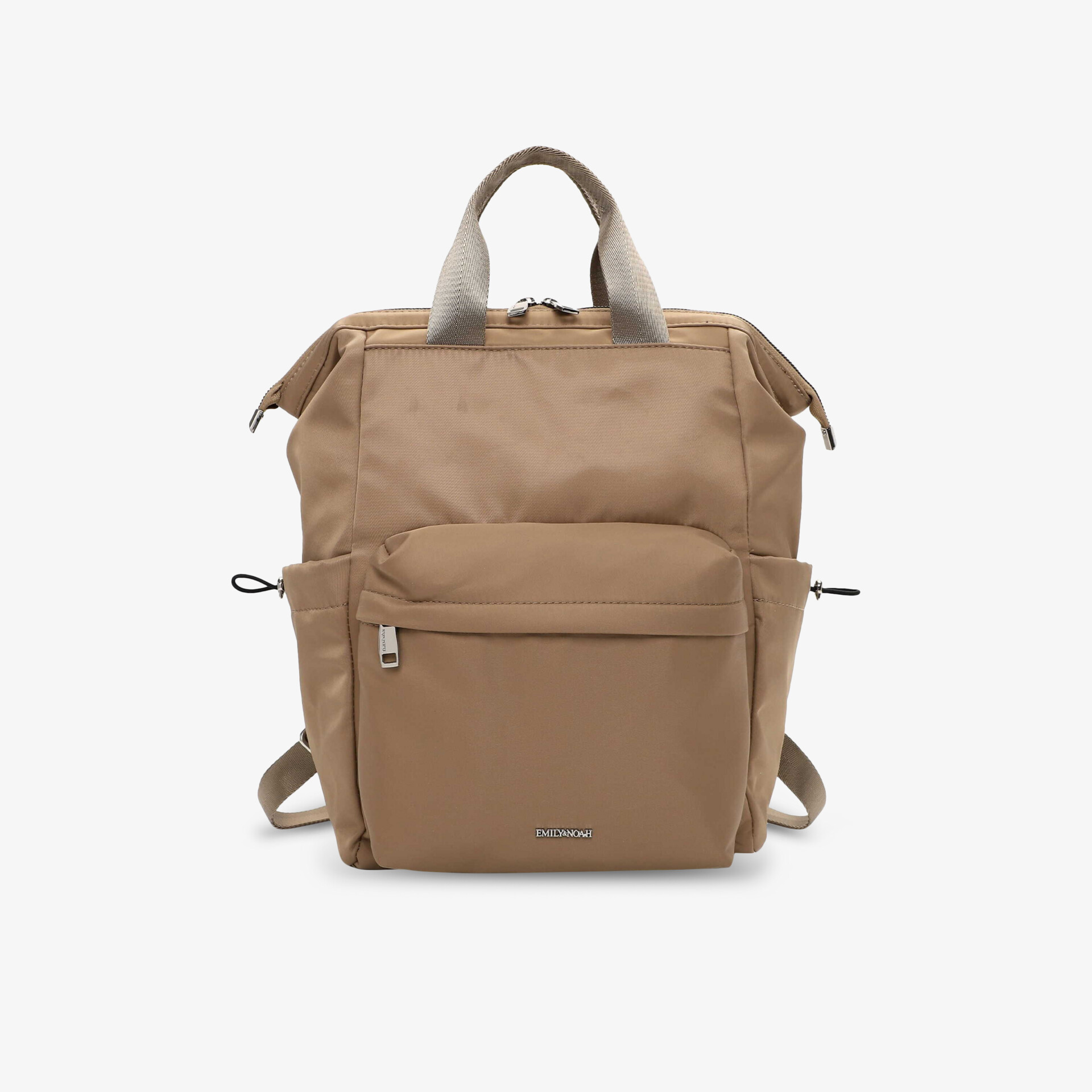 Robuster beiger Rucksack mit großzügigem Stauraum und funktionalen Details, gepolstertem Tragegriff und Reißverschluss vorne