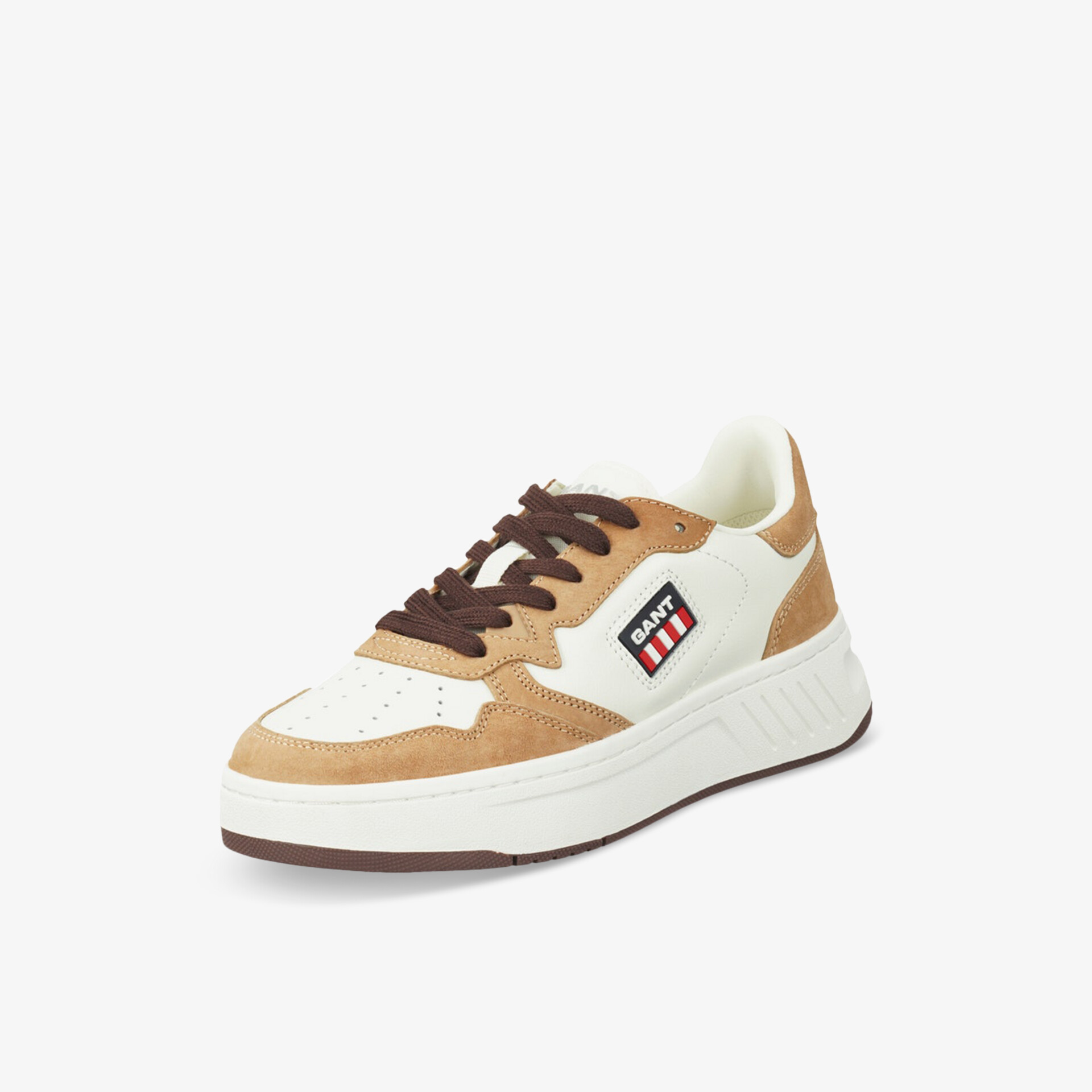 Moderner Sneaker in Weiß und Braun, sportliches Design und bequeme Passform, ideal für Alltag und Freizeit.