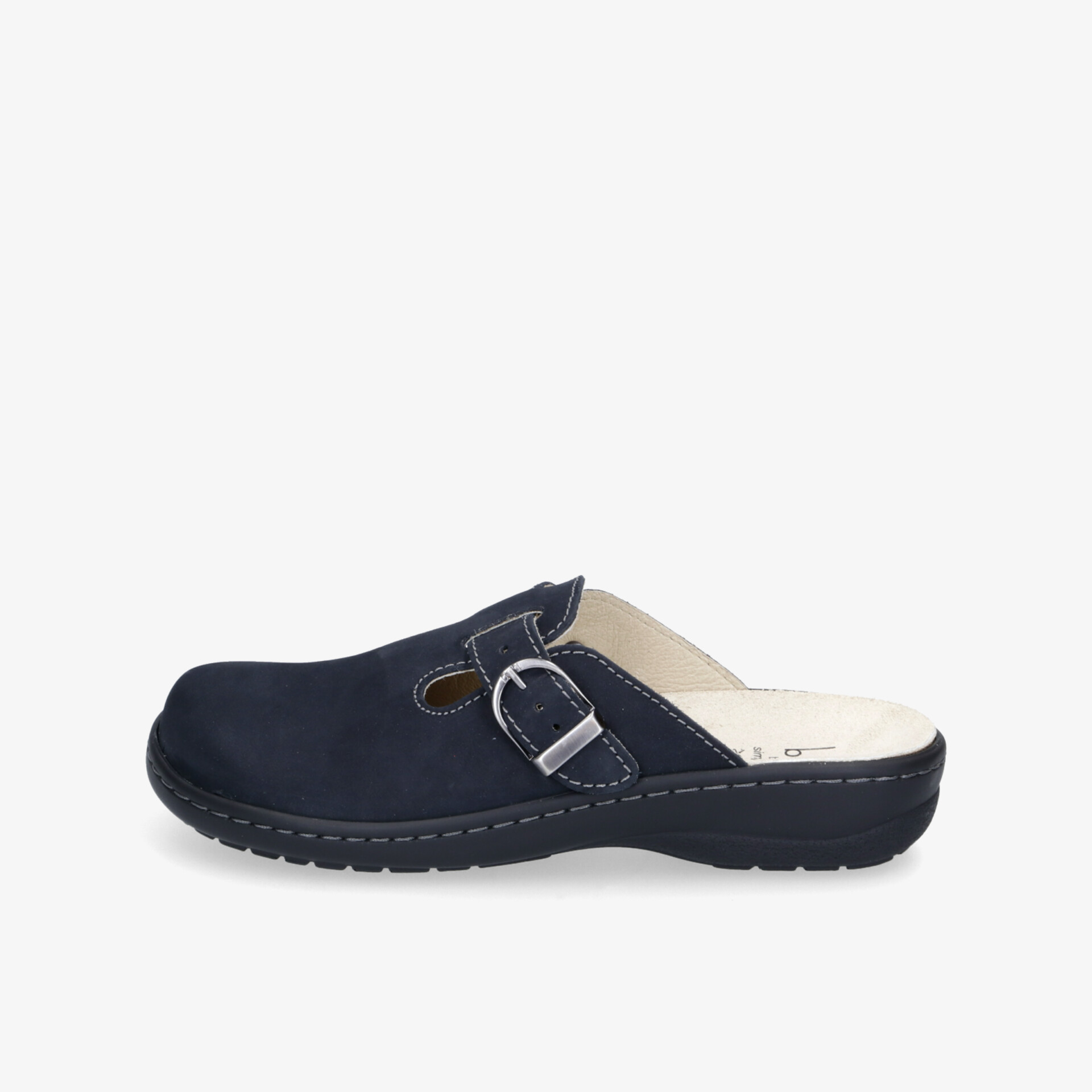 Komfortabler navyblauer Clog mit verstellbarer Schnalle und weicher Innenausstattung für optimalen Halt.