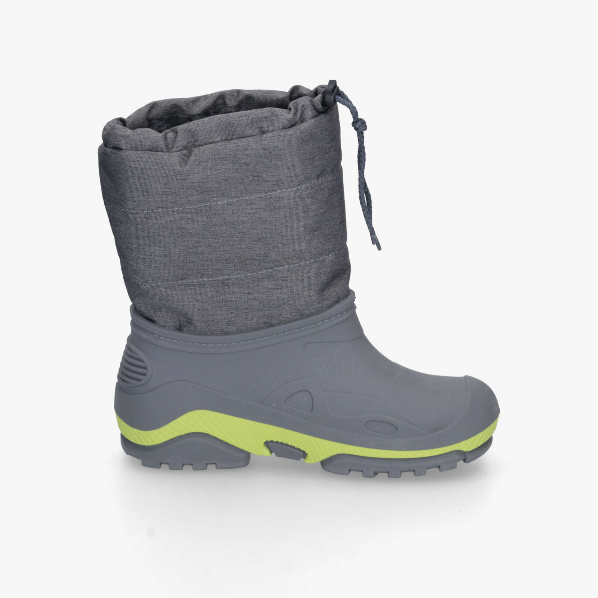 Warmer grauer Winterstiefel mit grünem Profil, wasserabweisend und robust, ideal für kalte Tage