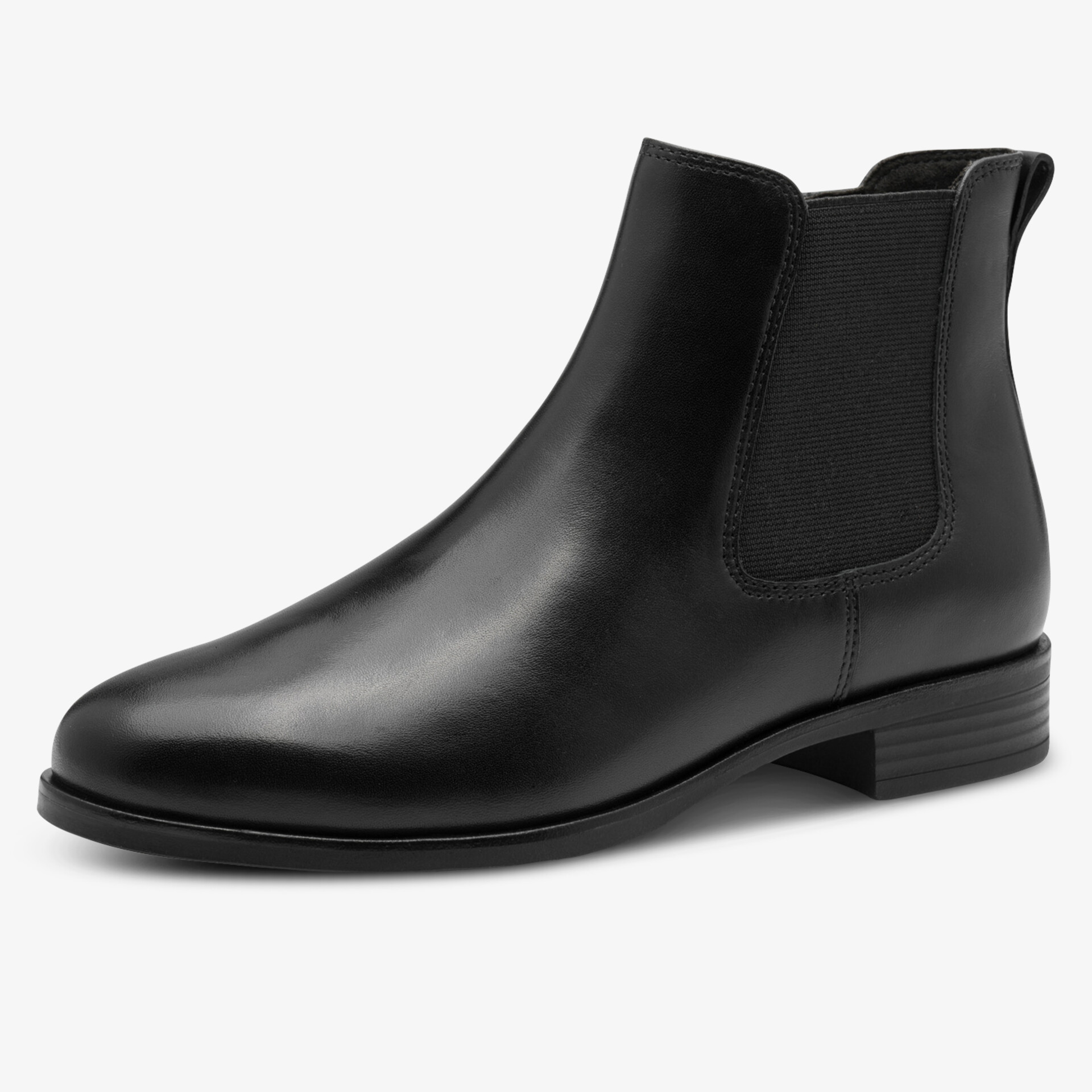 Eleganter schwarzer Chelsea Boot aus glattem Leder mit seitlichem Elastikeinsatz und niedrigem Absatz