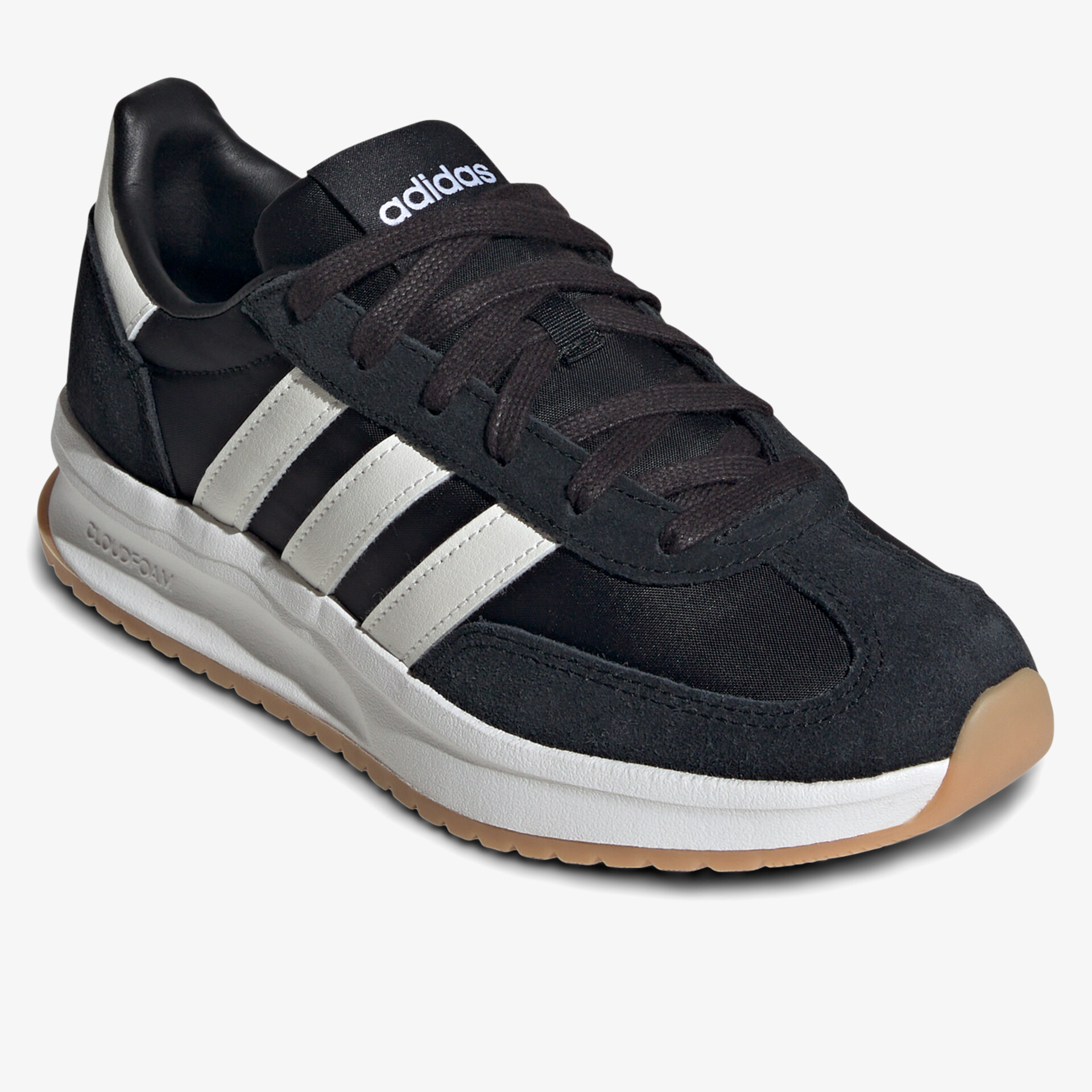 Schwarzer Sportschuh mit weißer Sohle und markanten drei weißen Streifen, komfortabel und stilvoll