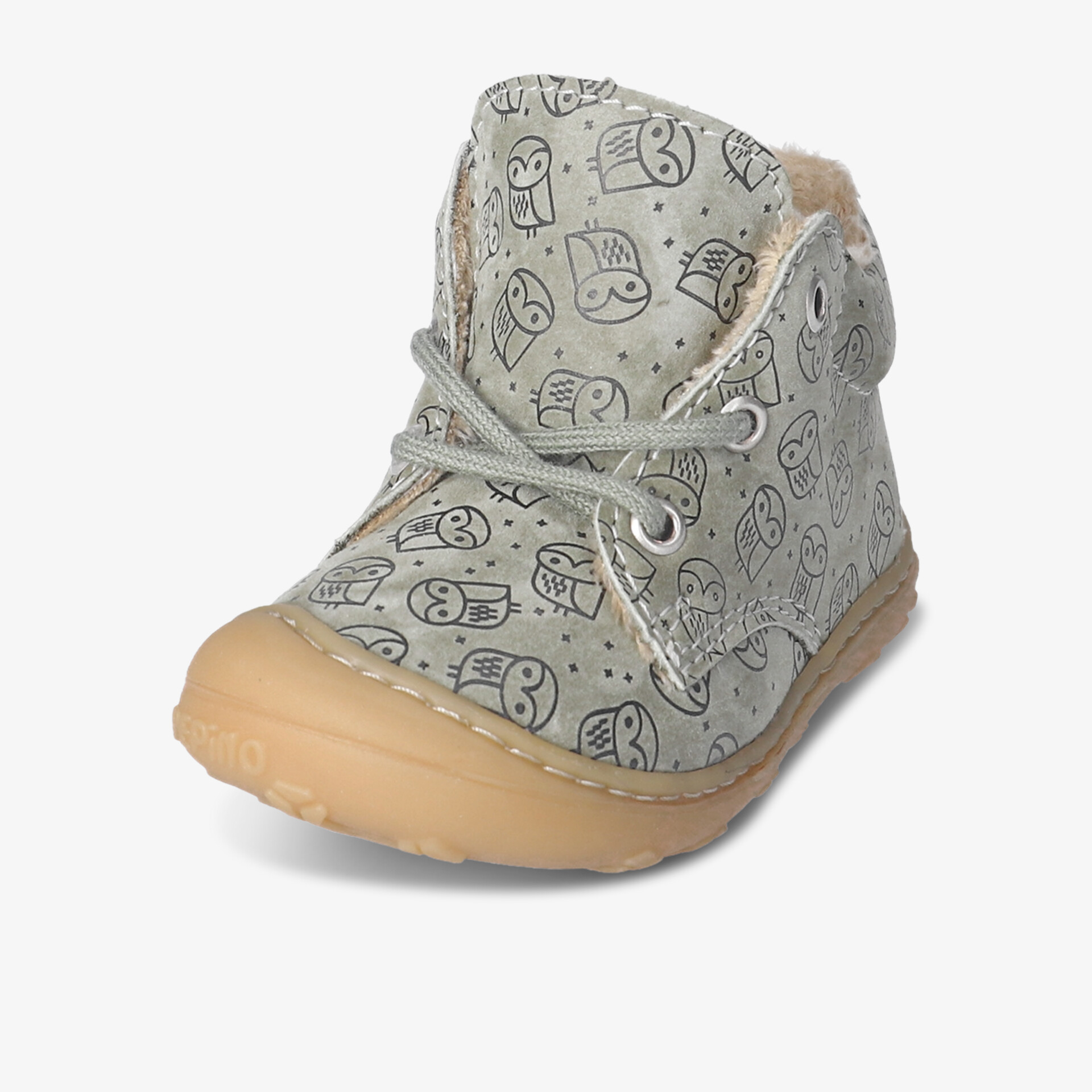 Beigefarbener Kinderschuh mit Eulenmuster, rutschfest und komfortabel. Ideal für den Alltag.