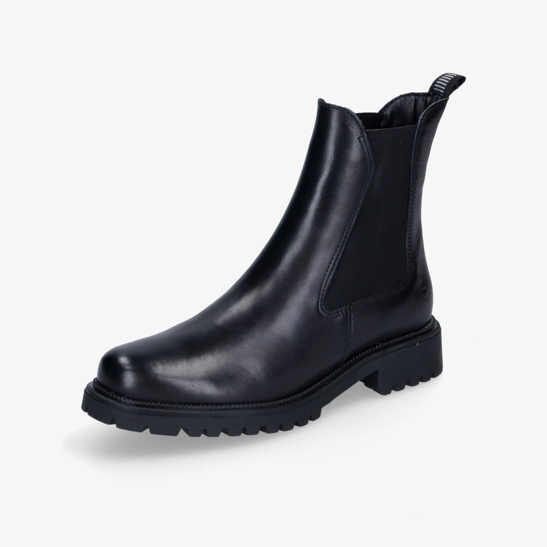 Schwarzer Chelsea Boot aus glattem Leder mit elastischen Seiteneinsätzen und robuster Profilsohle für hohen Tragekomfort