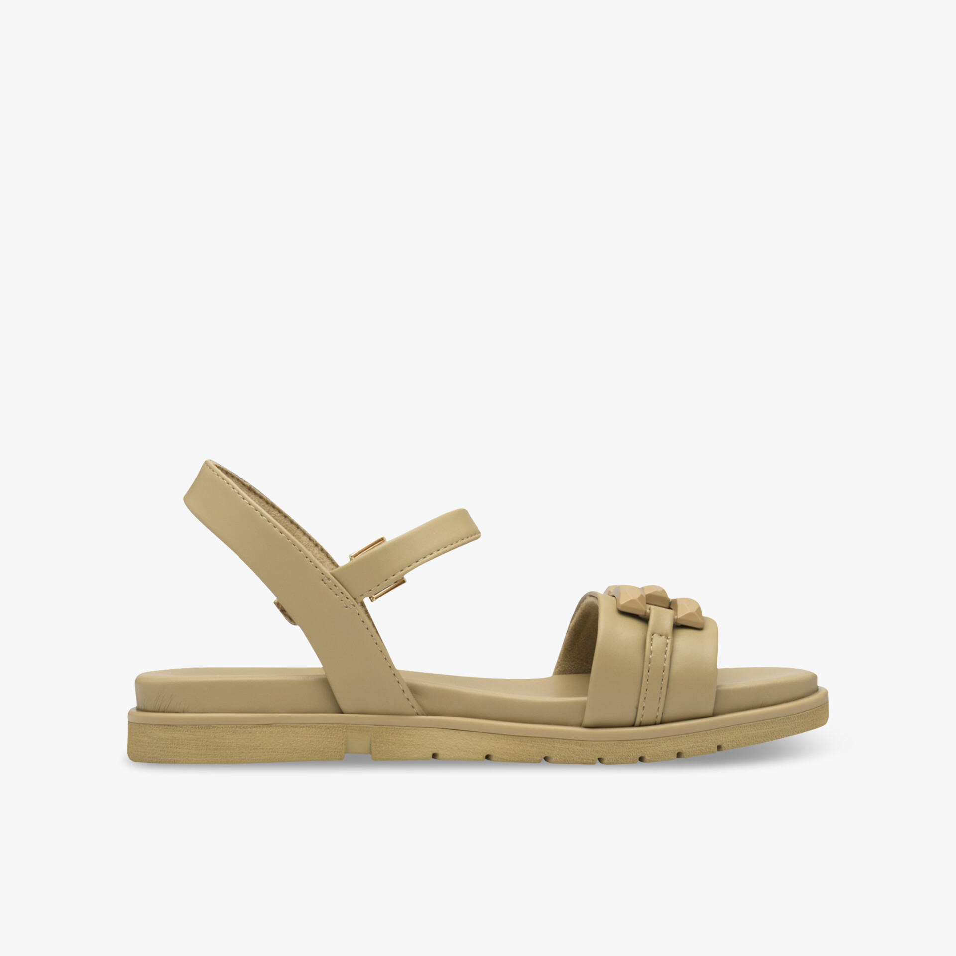 Beige Sandale mit verstellbarem Riemen und flacher, bequemer Sohle, ideal für sommerlichen Alltag und Komfort