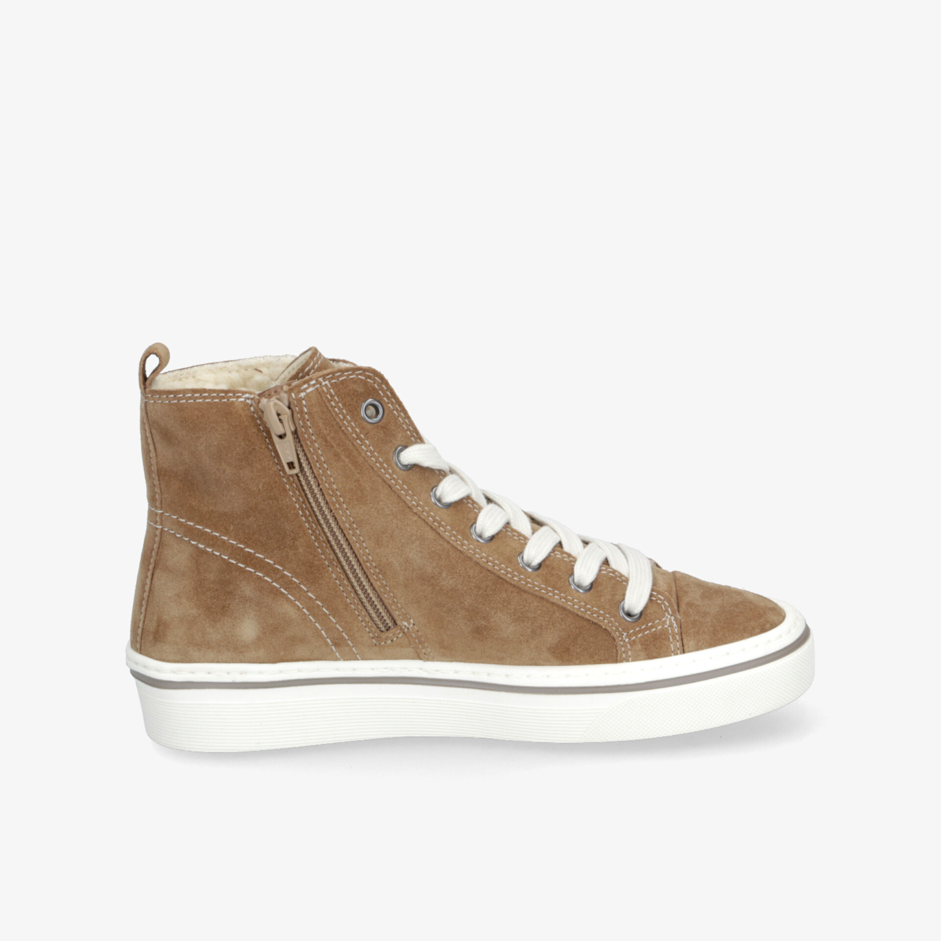 Seitliche Ansicht eines hochwertigen, bequemen Sneakers mit seitlichem Reißverschluss und robuster weißer Sohle
