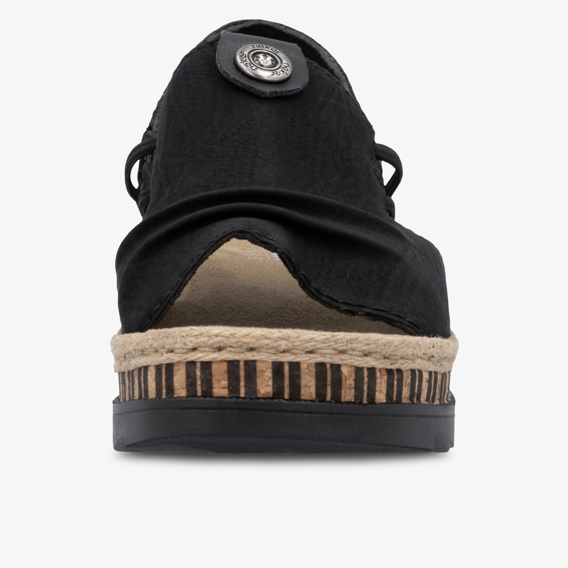 Schwarze Riemchensandale mit Keilabsatz, komfortabel und sommerlich offen gestaltet