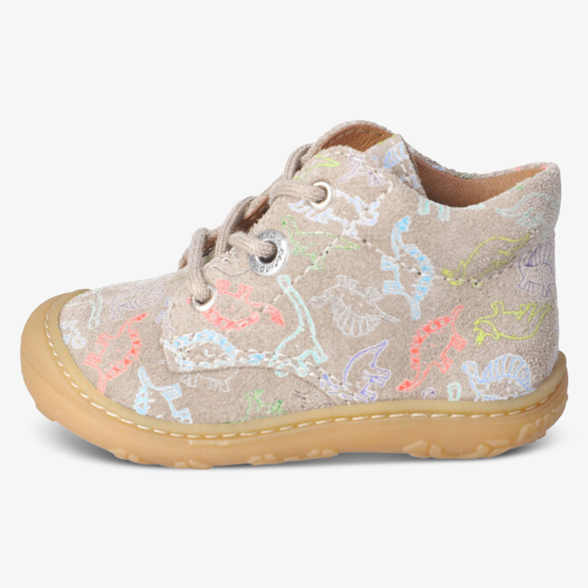 Flexibler Kinderschuh aus weichem Leder mit buntem Muster und rutschfester Gummisohle für optimalen Tragekomfort