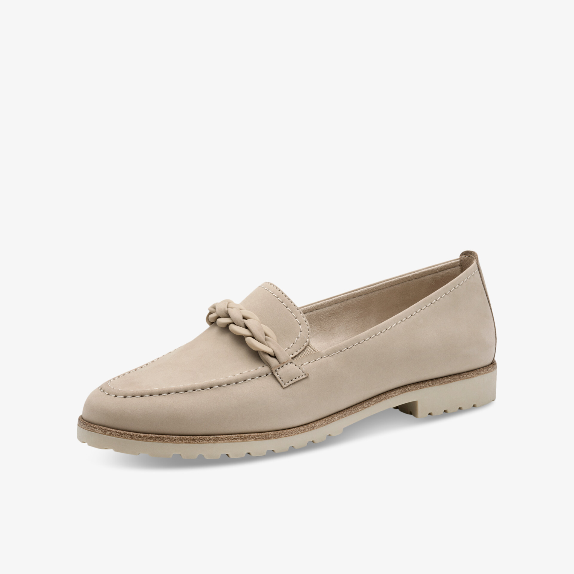 Beiger Loafer mit feiner Kette, weichem Material und komfortabler Sohle, eleganter und zeitloser Schuh
