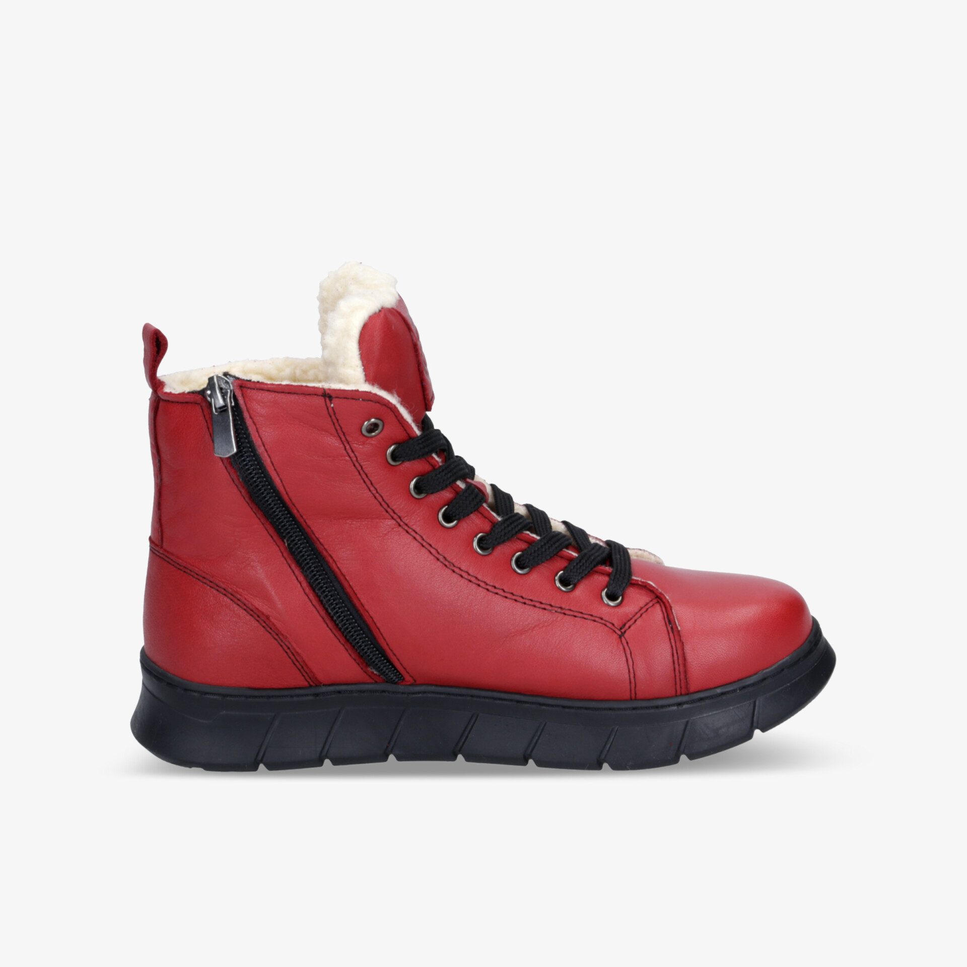 Roter Sneaker mit praktischem Reißverschluss und schwarzen Schnürsenkeln, seitliche robuste Gummisohle für hohen Tragekomfort