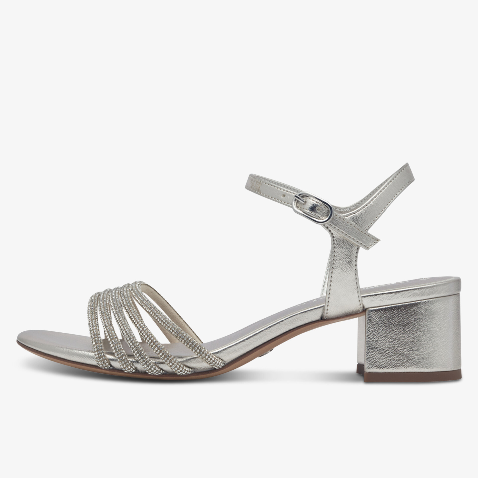 Eleganter silberner Sandale mit verstellbarem Riemchen und bequemem Blockabsatz für stilvolle Auftritte