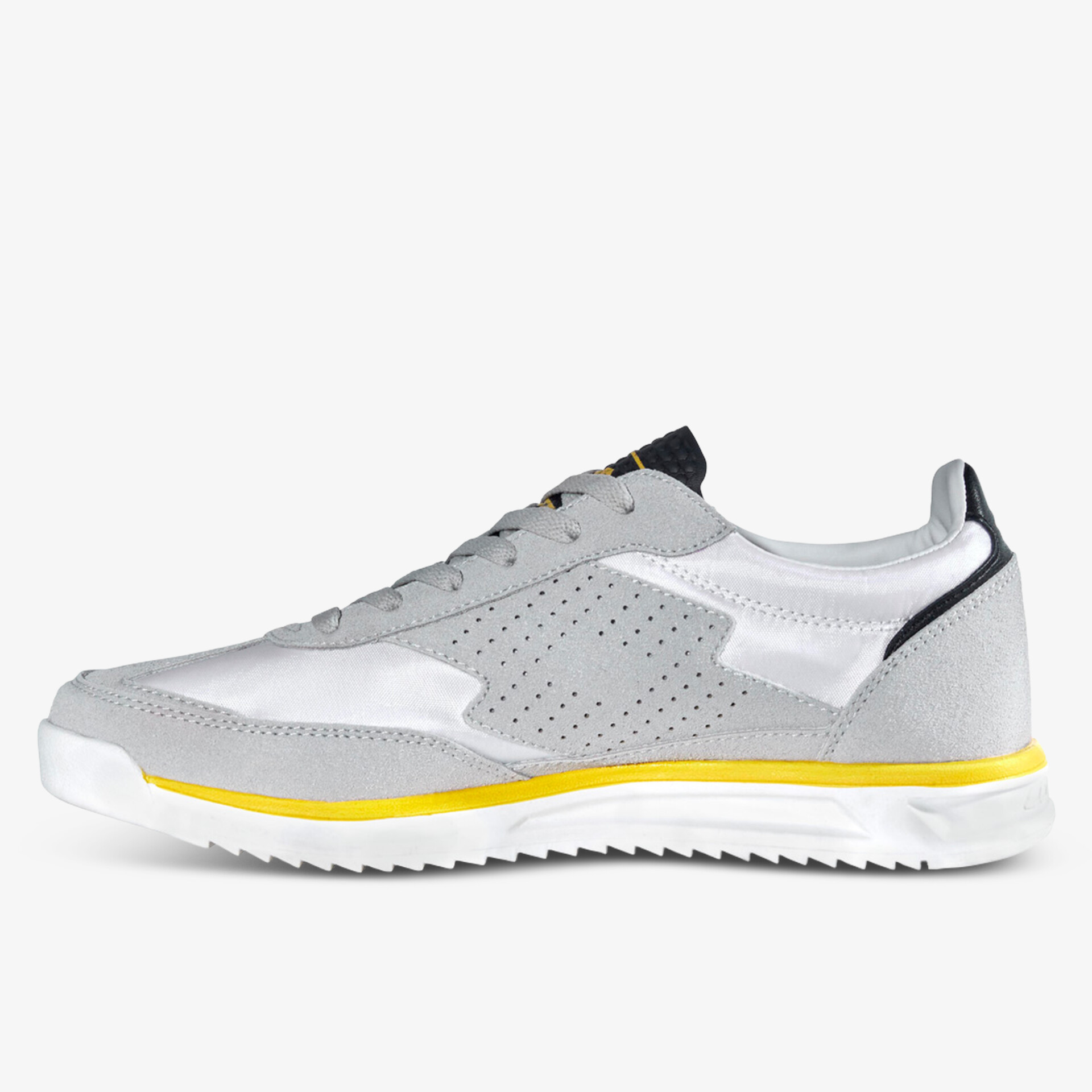 Moderner grauer Sneaker mit perforiertem Design und gelber Akzentlinie, ideal für sportliche Aktivitäten