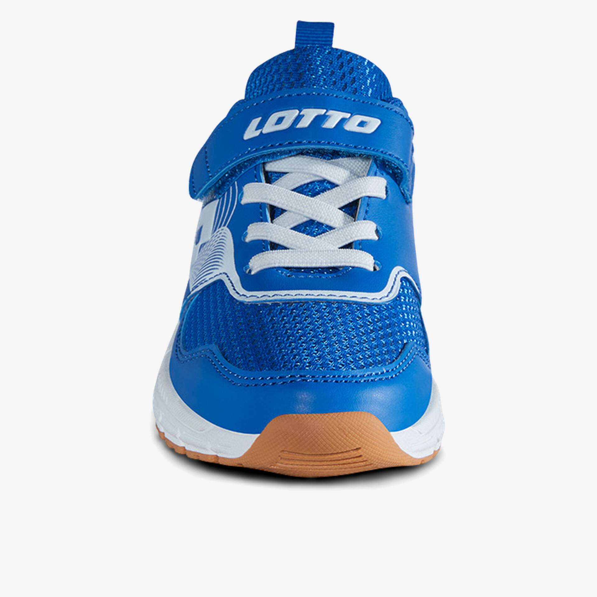 Frontansicht blauer Sportschuh mit atmungsaktivem Mesh und bequemem Klettverschluss