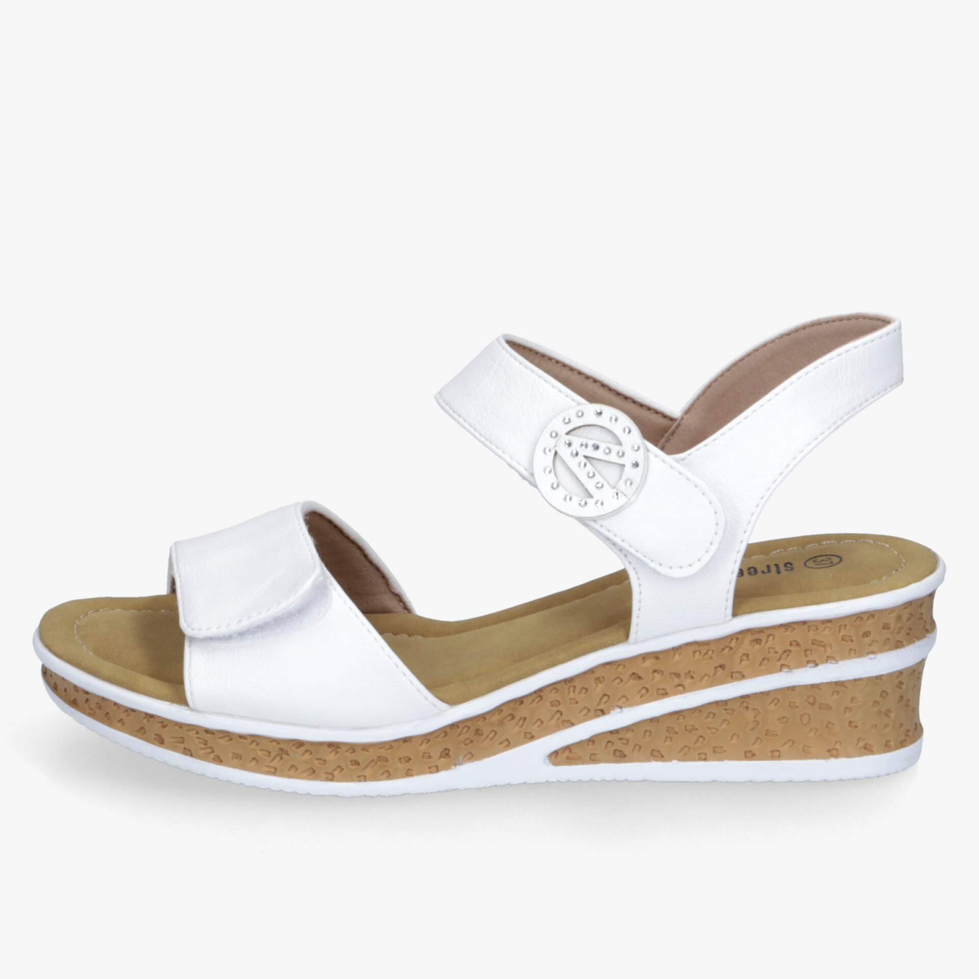 Weiße Keilsandalette mit Klettverschluss, komfortables Fußbett und sommerlichem, leichtem Design