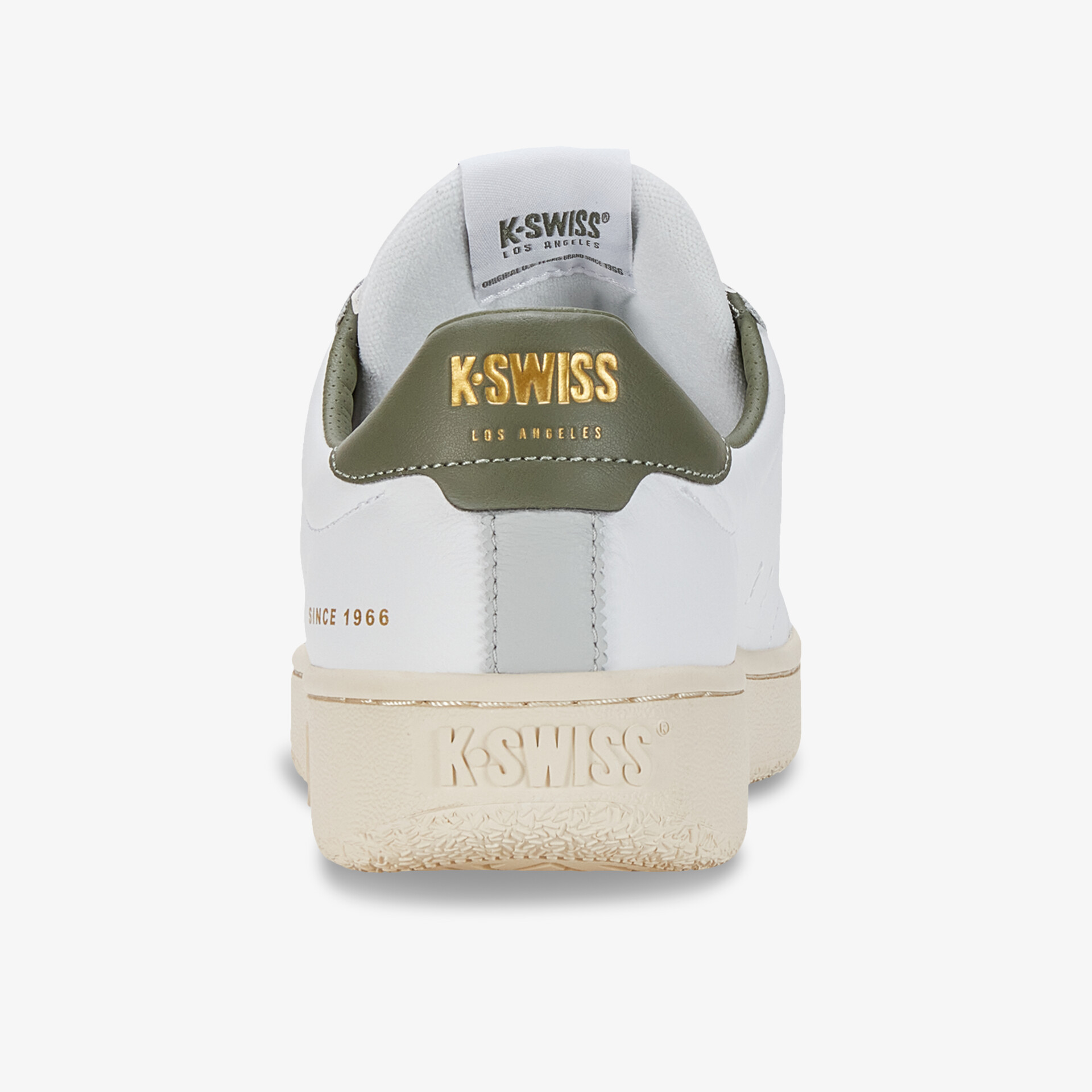 Moderner weißer Sneaker von K-Swiss mit olivgrünen Akzenten und Komfortsohle, ideal für täglichen Stil.