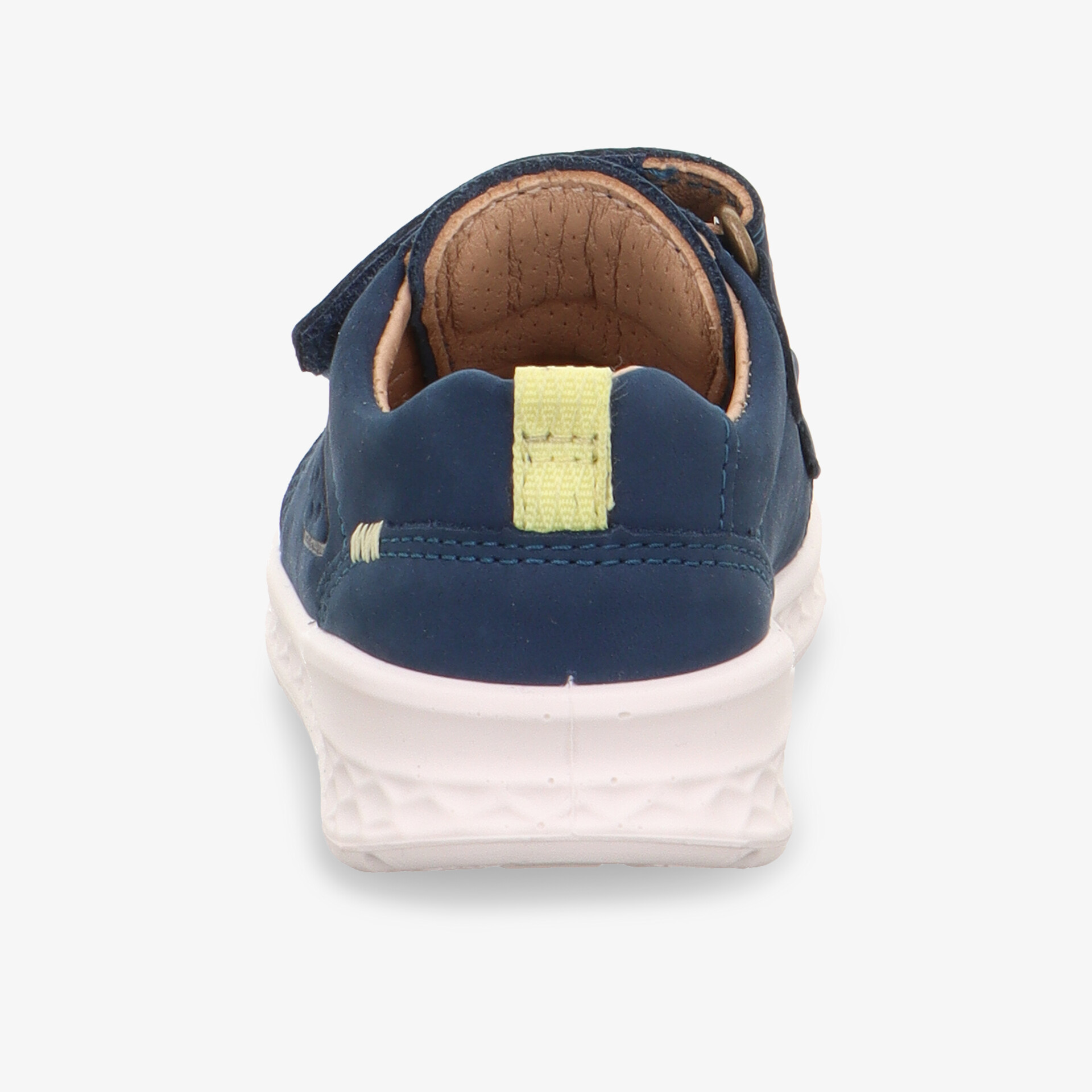 Blauer Sneaker mit gepolstertem Schaft und rutschfester weiße Sohle, klare Rückansicht