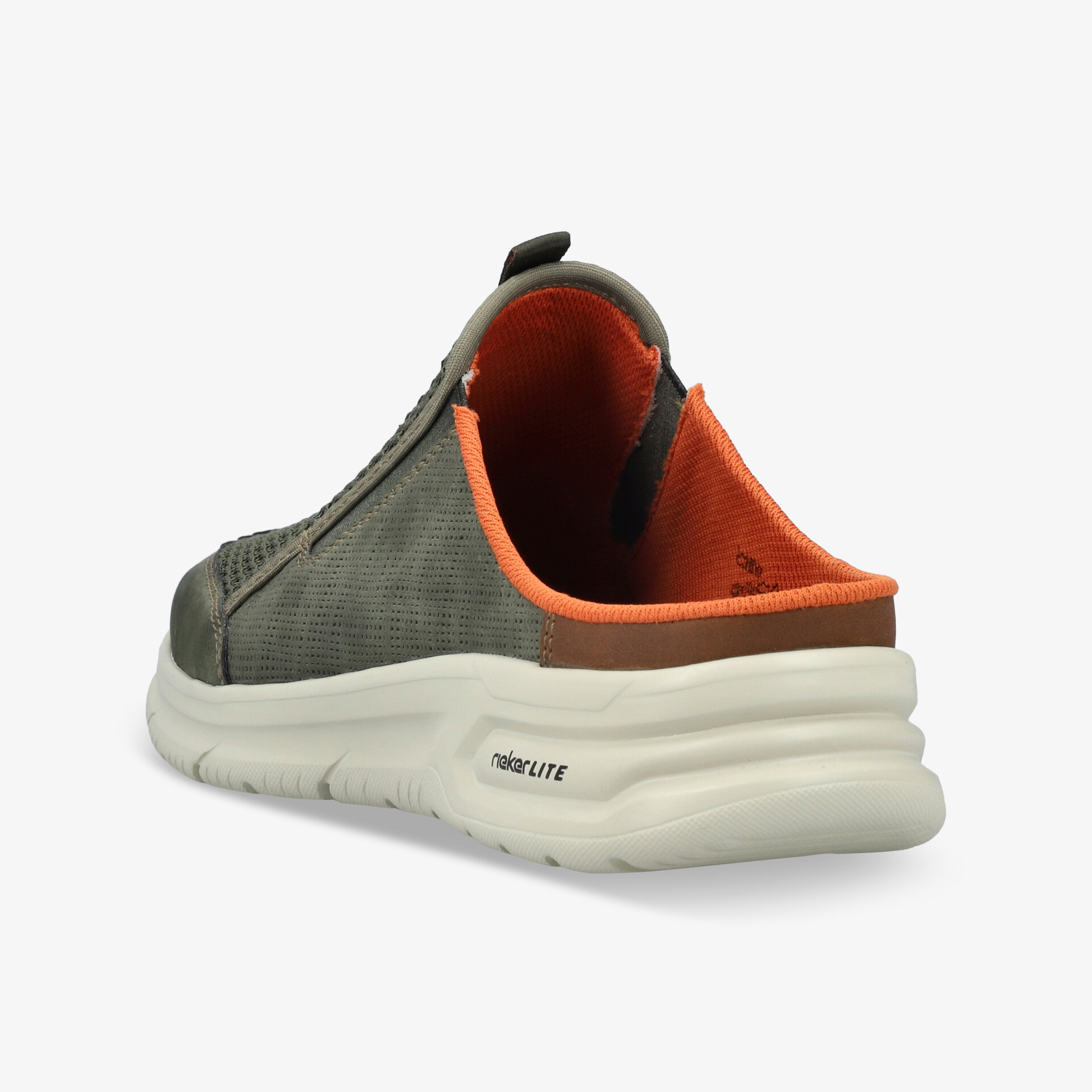 Moderner leichter Freizeit-Schuh in grau mit orangem Innenfutter und gepolsterter, flexibler weißer Sohle, Rückansicht